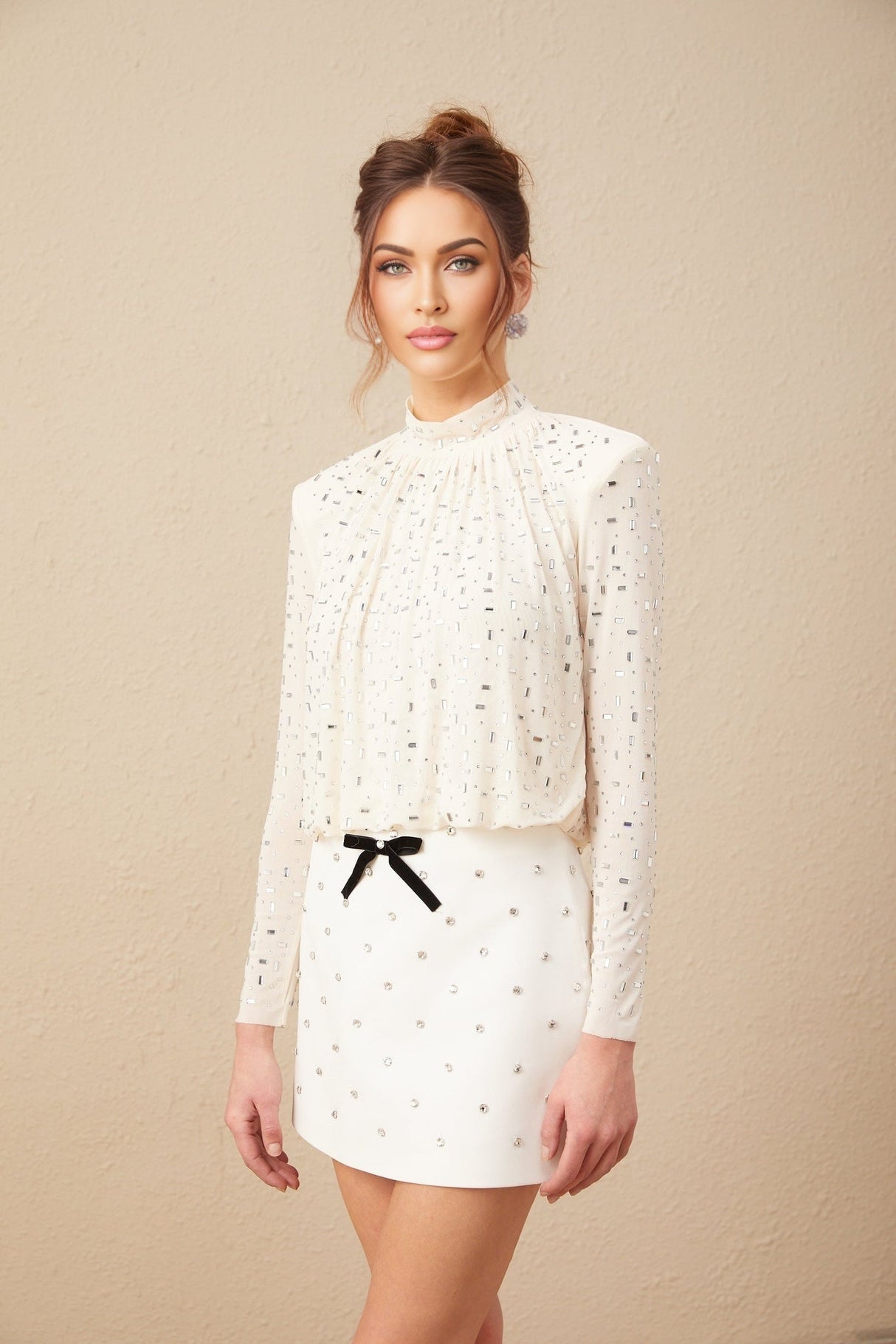 Mariolina Blouse - Long Sleeve - Crew Neck - Crystal Embellishment - Pleated Detailing