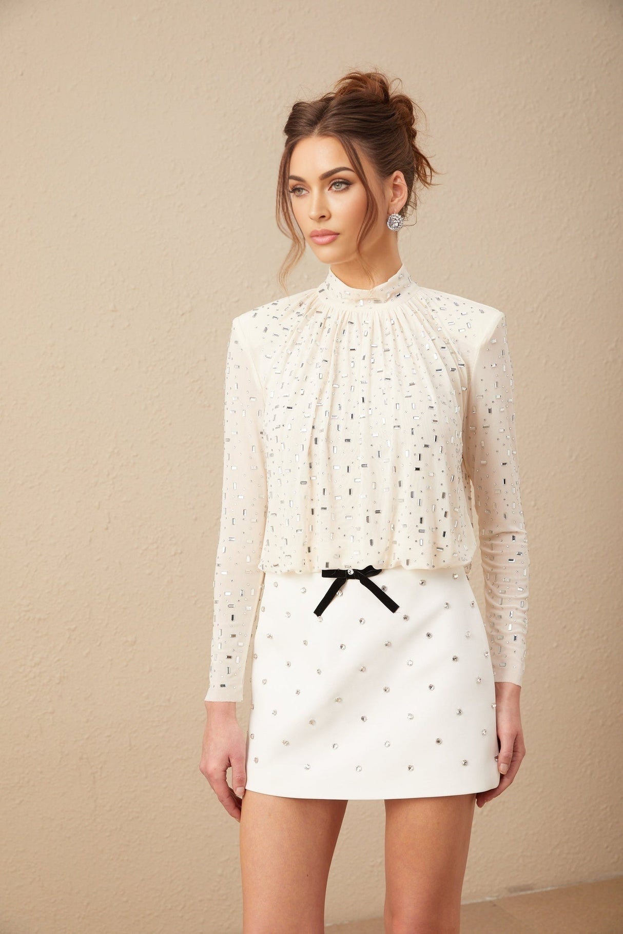 Mariolina Blouse - Long Sleeve - Crew Neck - Crystal Embellishment - Pleated Detailing