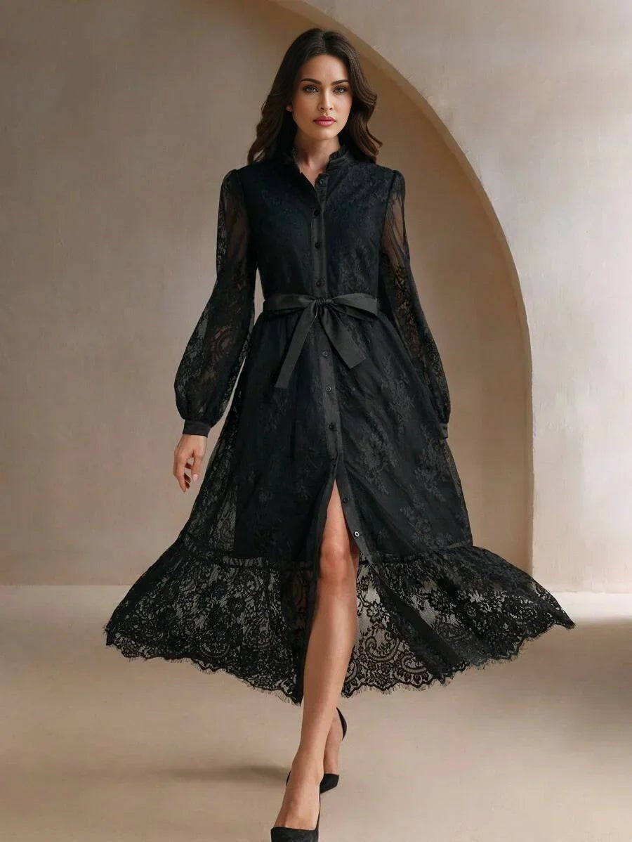 Marisa Midi Dress - Bishop Sleeve - High Waist - Elegant - Lace
