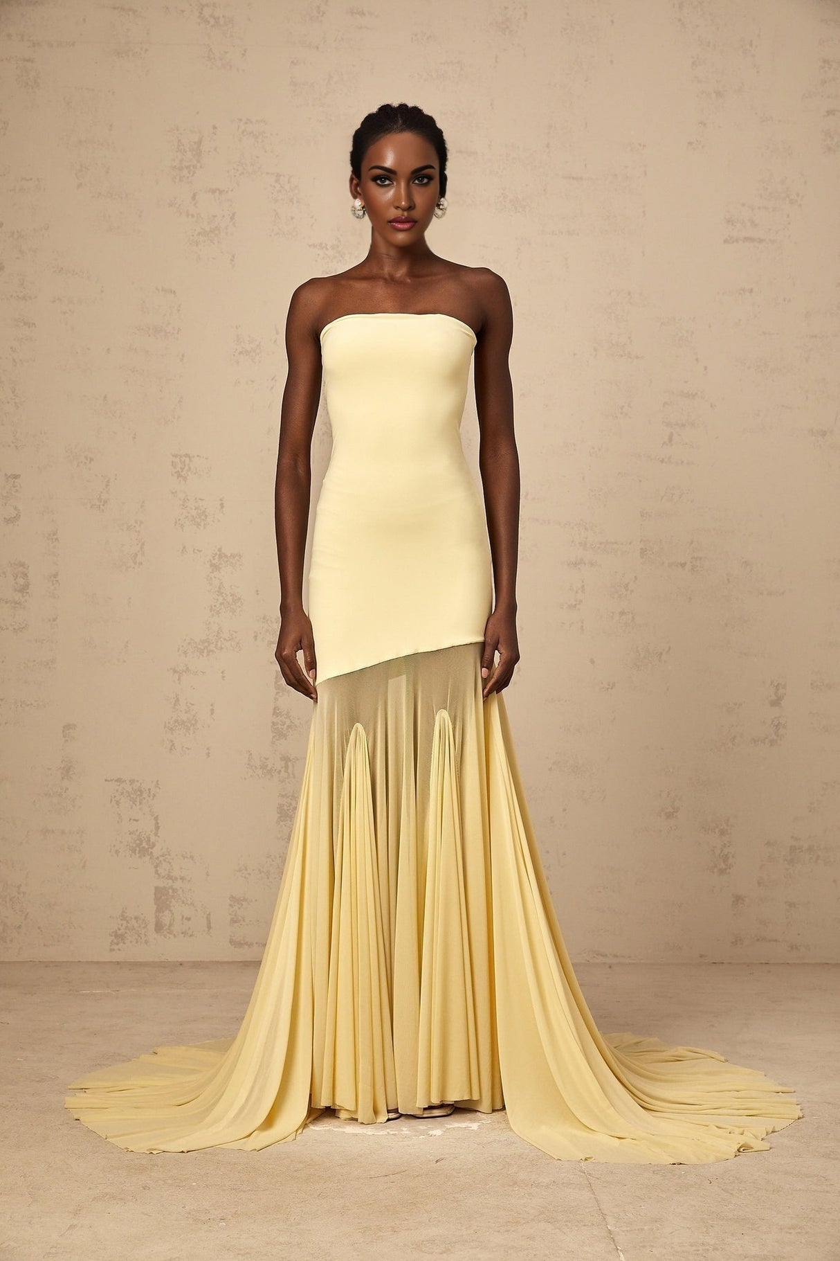 Marisa Sun - Kissed Yellow Maxi Dress with Off - Shoulder Pleated Tulle