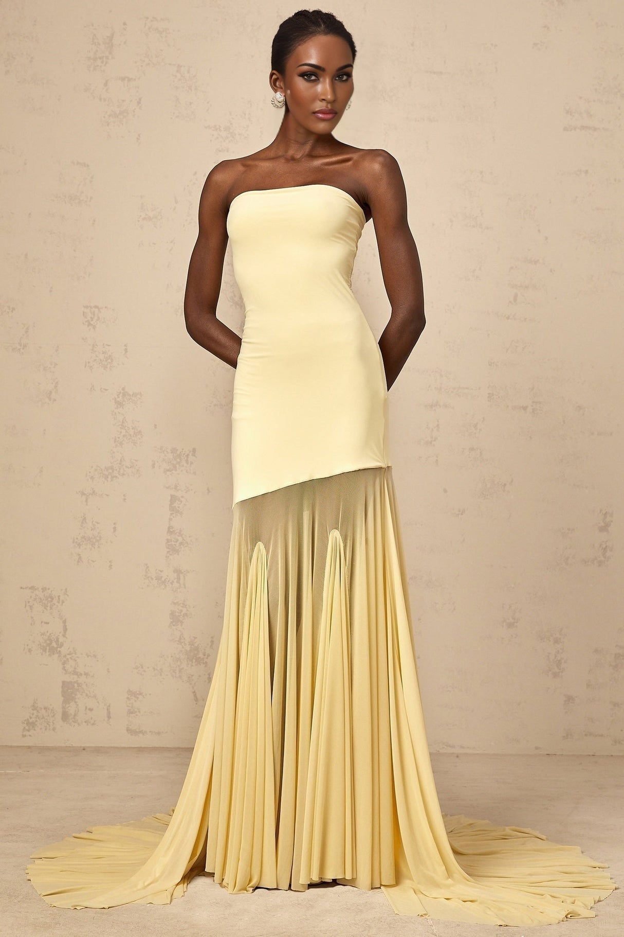 Marisa Sun - Kissed Yellow Maxi Dress with Off - Shoulder Pleated Tulle