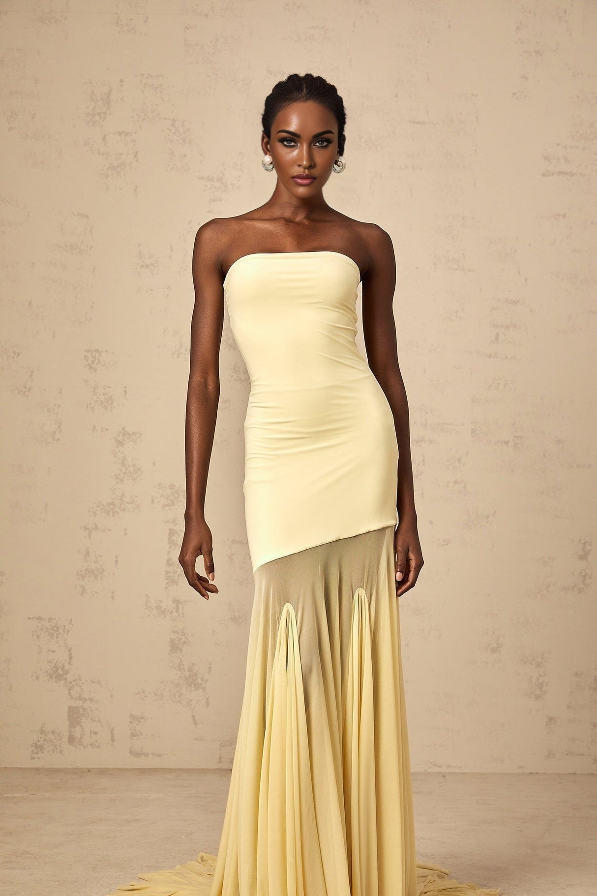 Marisa Sun - Kissed Yellow Maxi Dress with Off - Shoulder Pleated Tulle