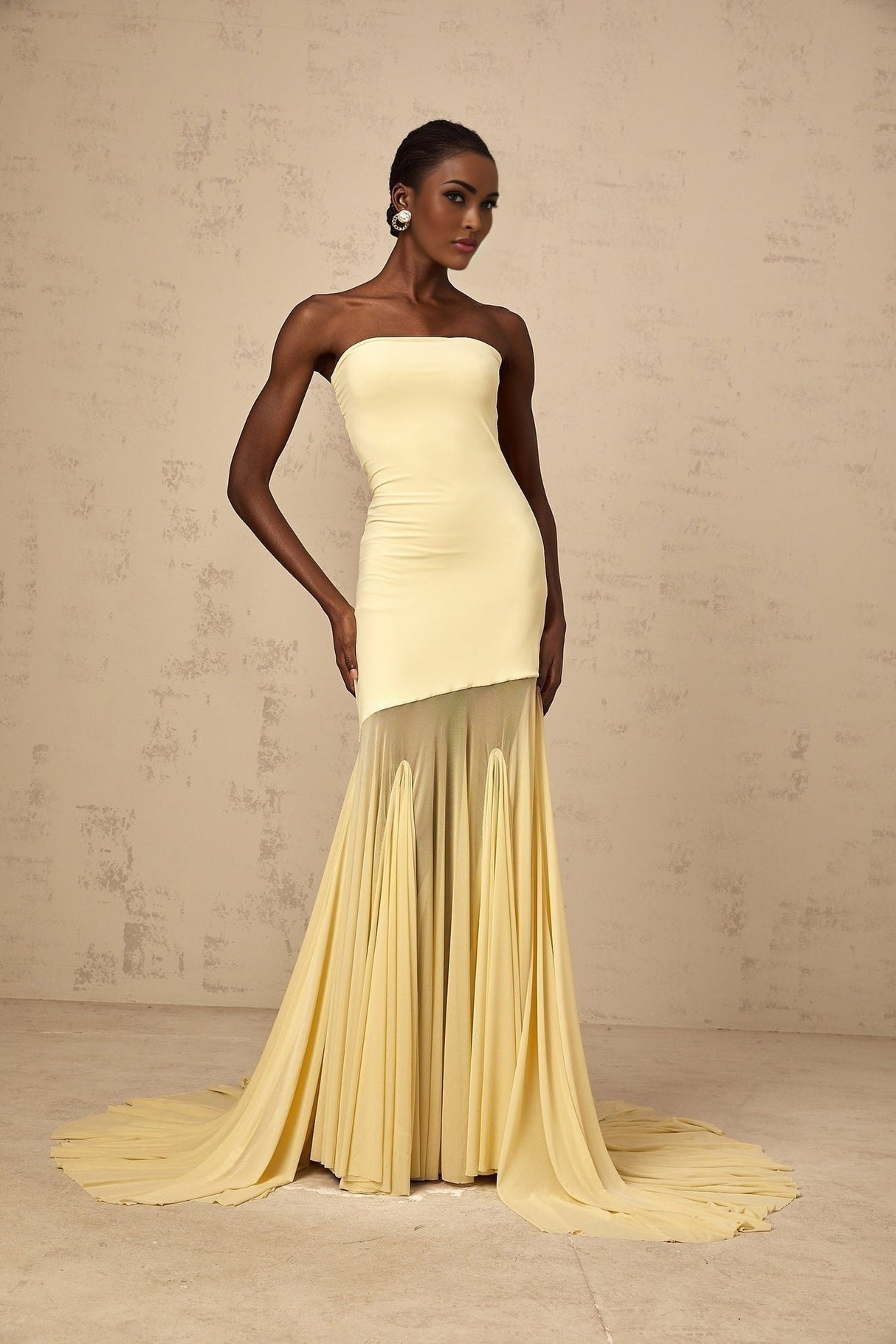 Marisa Sun - Kissed Yellow Maxi Dress with Off - Shoulder Pleated Tulle