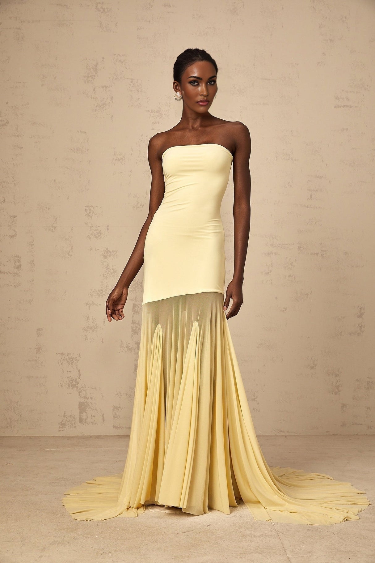 Marisa Sun - Kissed Yellow Maxi Dress with Off - Shoulder Pleated Tulle
