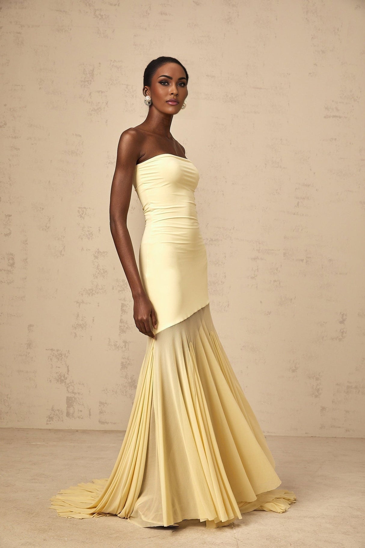 Marisa Sun - Kissed Yellow Maxi Dress with Off - Shoulder Pleated Tulle