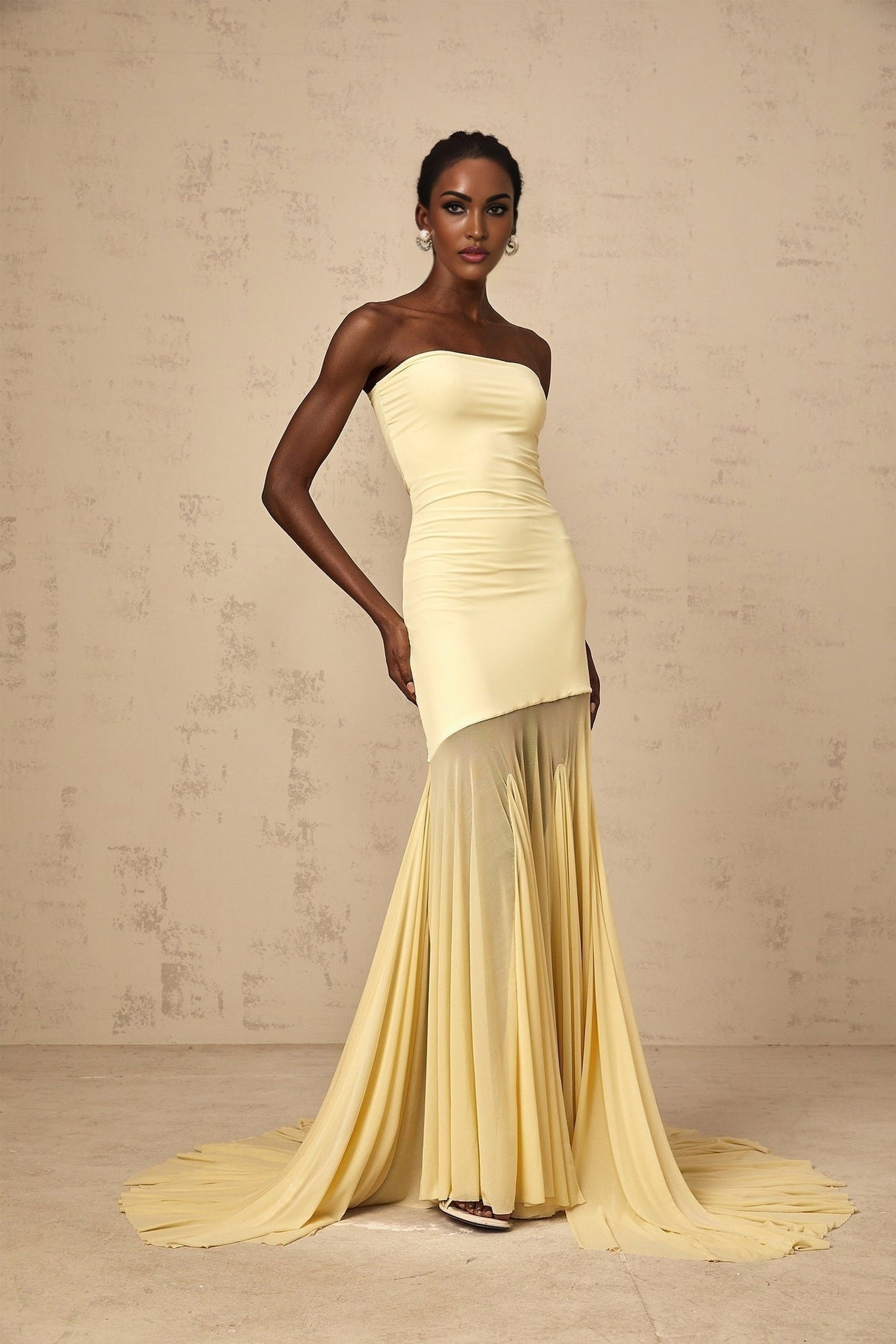 Marisa Sun - Kissed Yellow Maxi Dress with Off - Shoulder Pleated Tulle