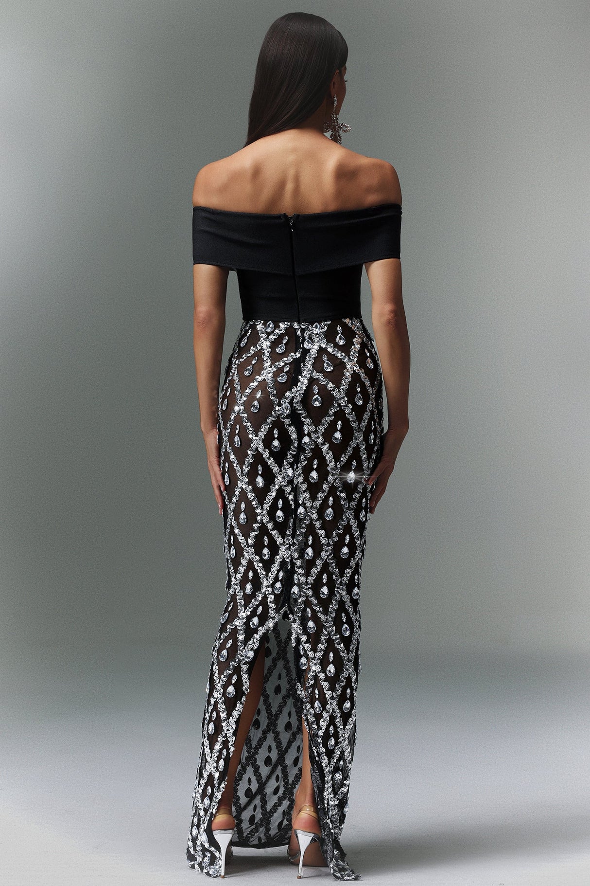 Mariuccia Black Maxi Dress with Off-Shoulder Neckline and Beaded Diamond Pattern