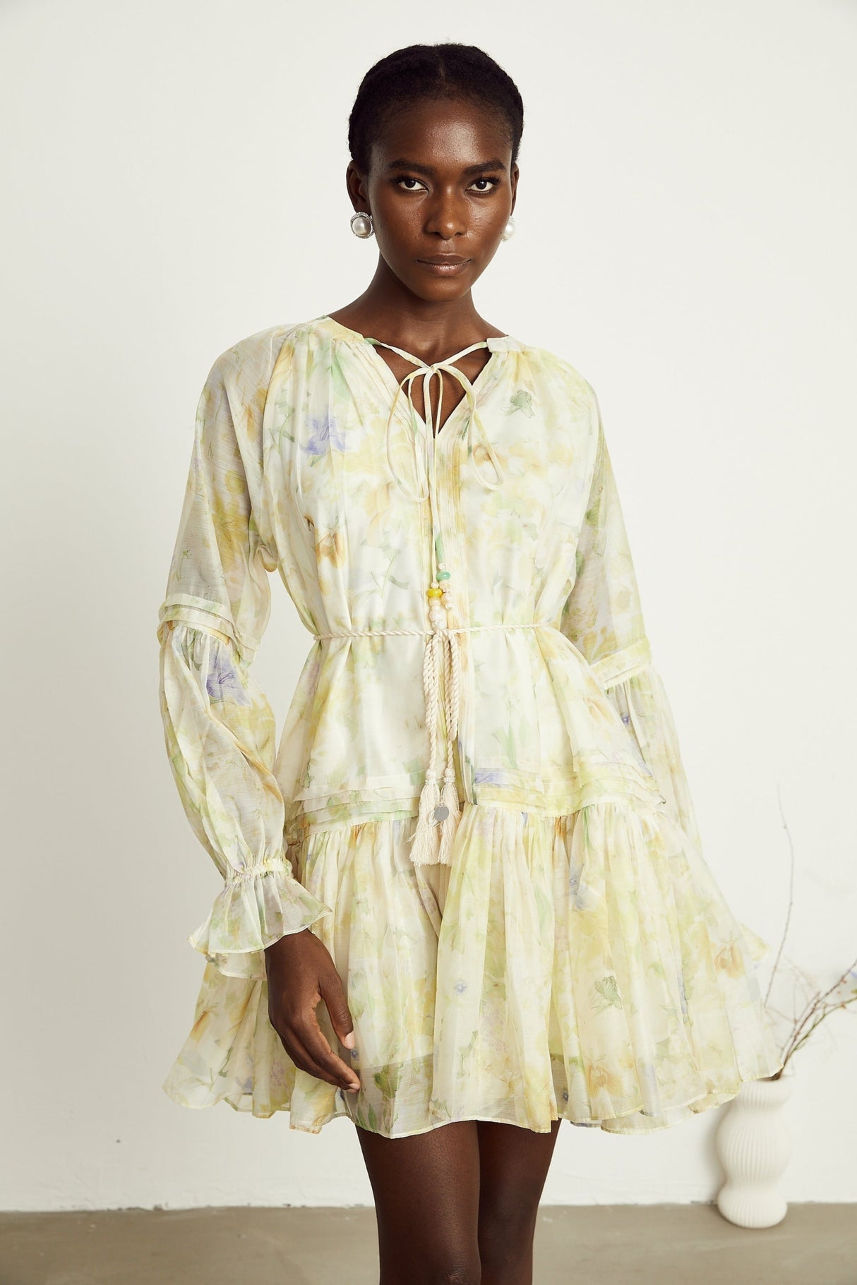 Mariuccia Floral Mini Dress - Balloon Sleeves - Pleated Design - Flared Cuffs - Detachable Belt