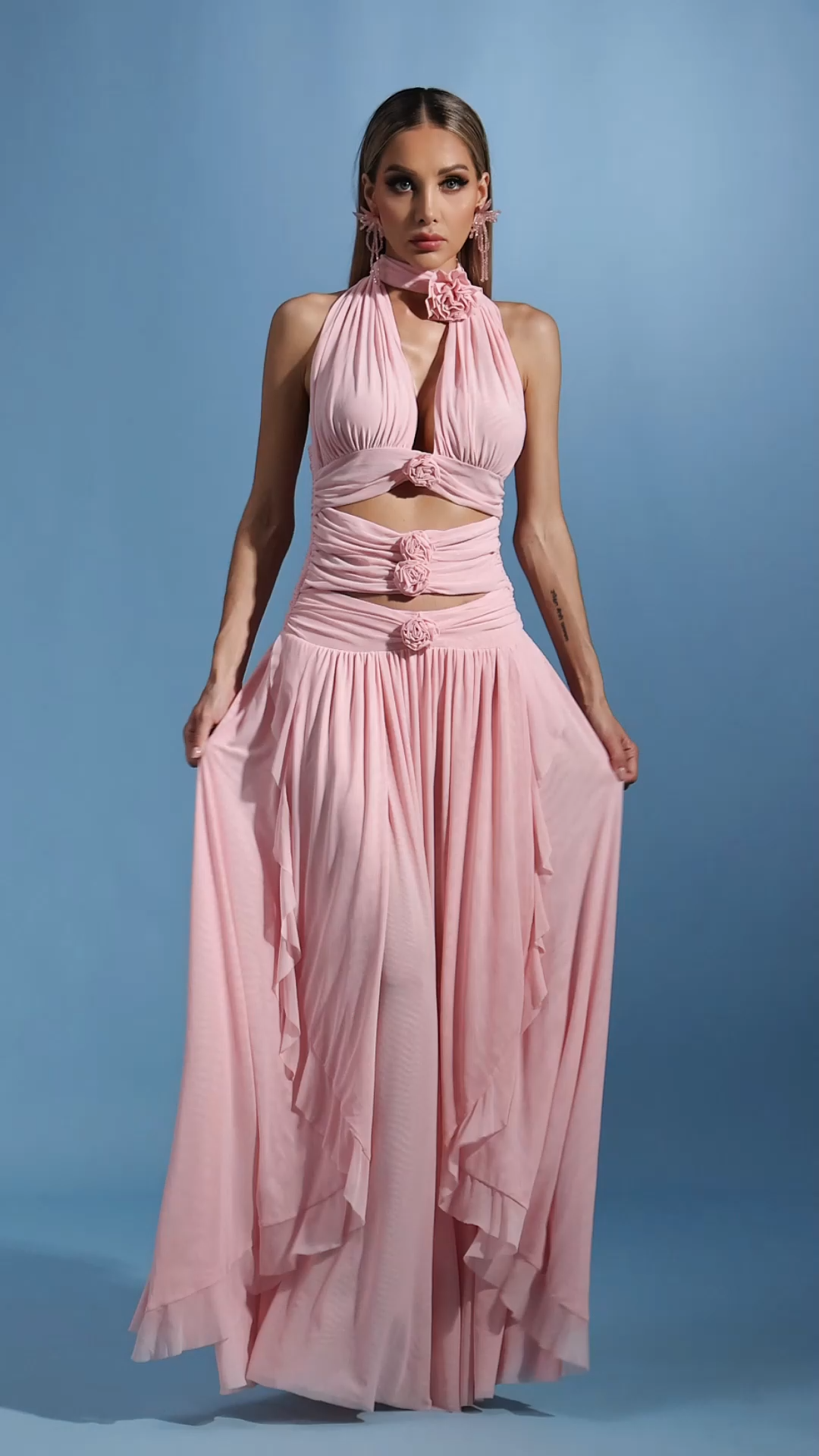 Mariuccia Pink Halter Neckline Flower Detail Dress for Women