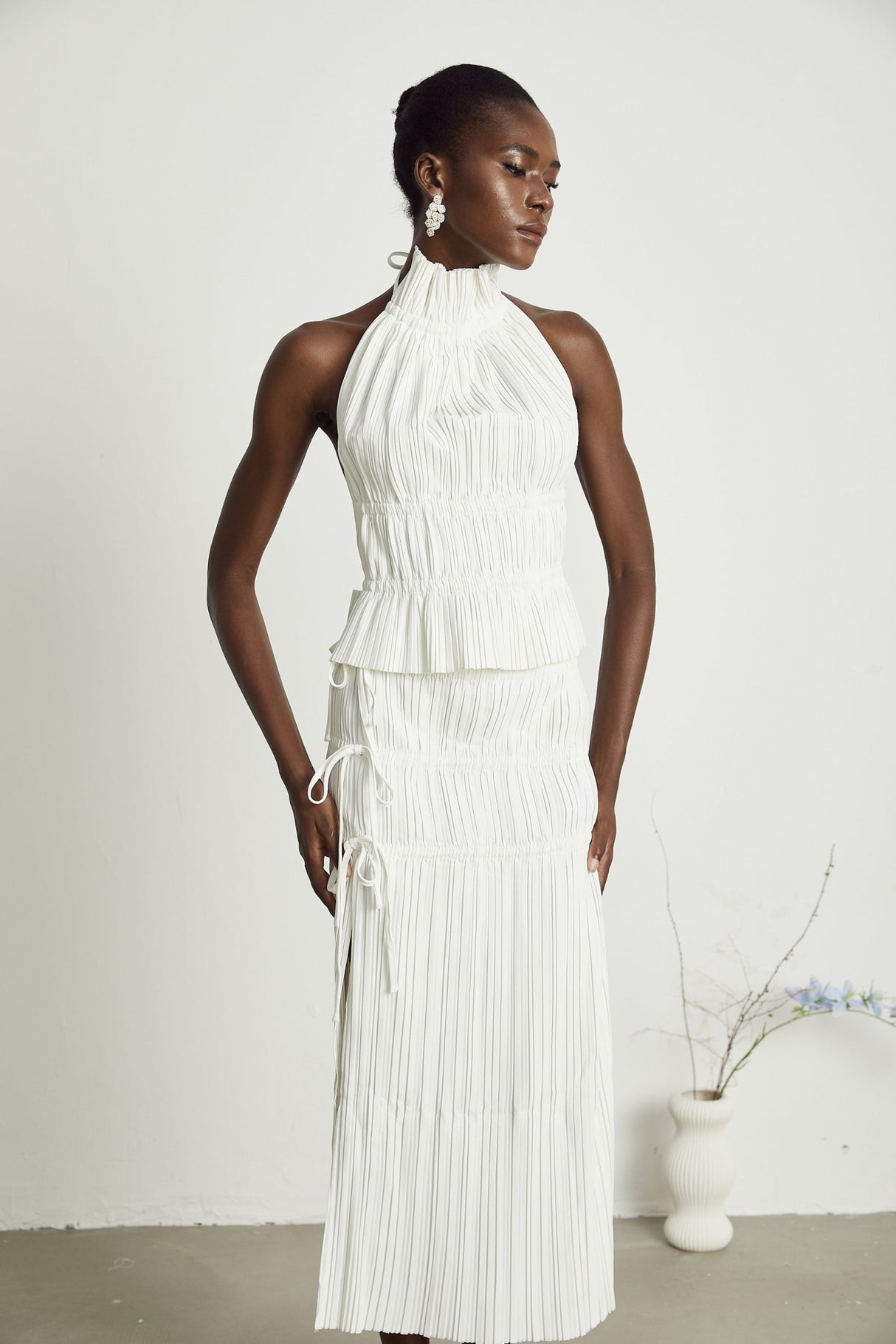 Mariuccia Skirt & Top Set White Pleated Open Back & Slit