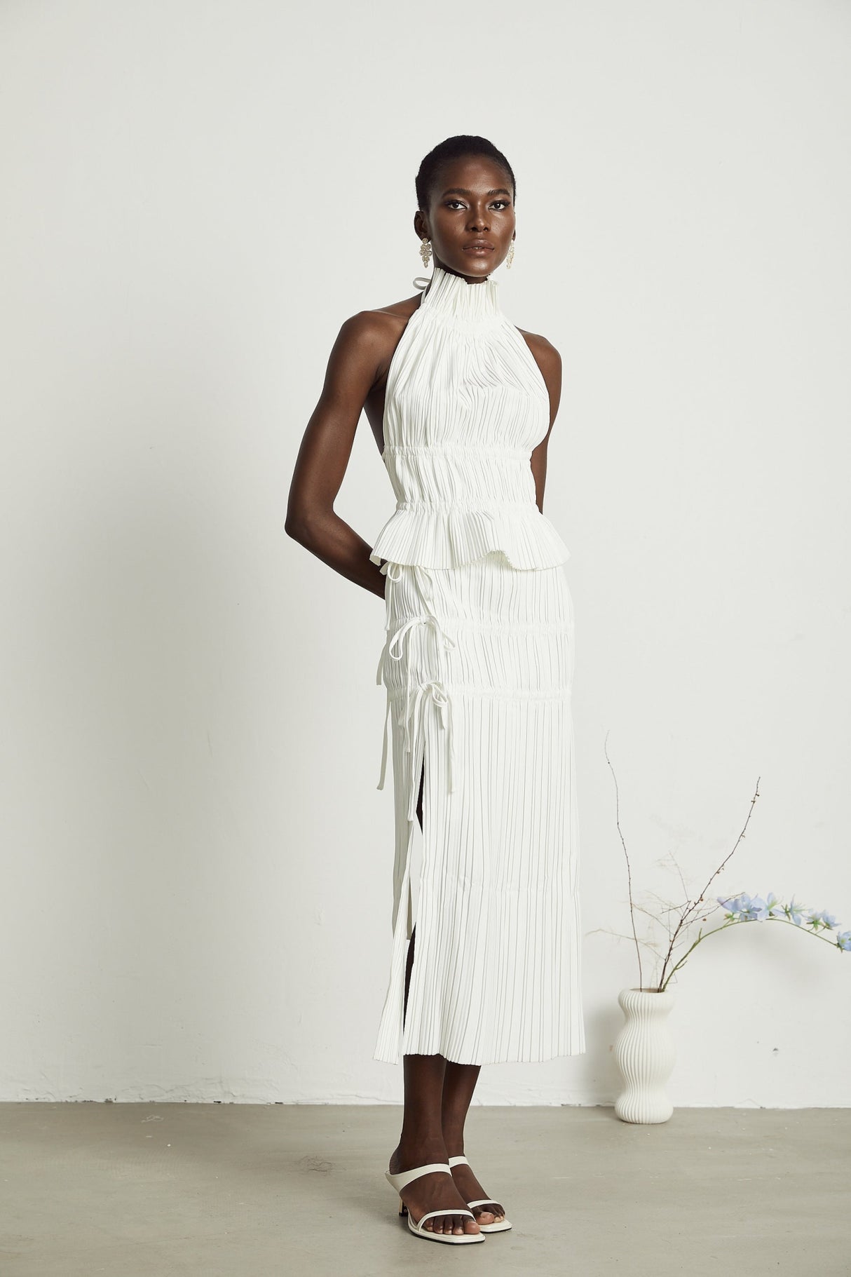 Mariuccia Skirt & Top Set White Pleated Open Back & Slit