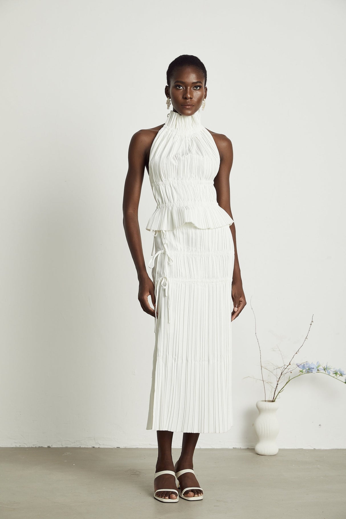 Mariuccia Skirt & Top Set White Pleated Open Back & Slit