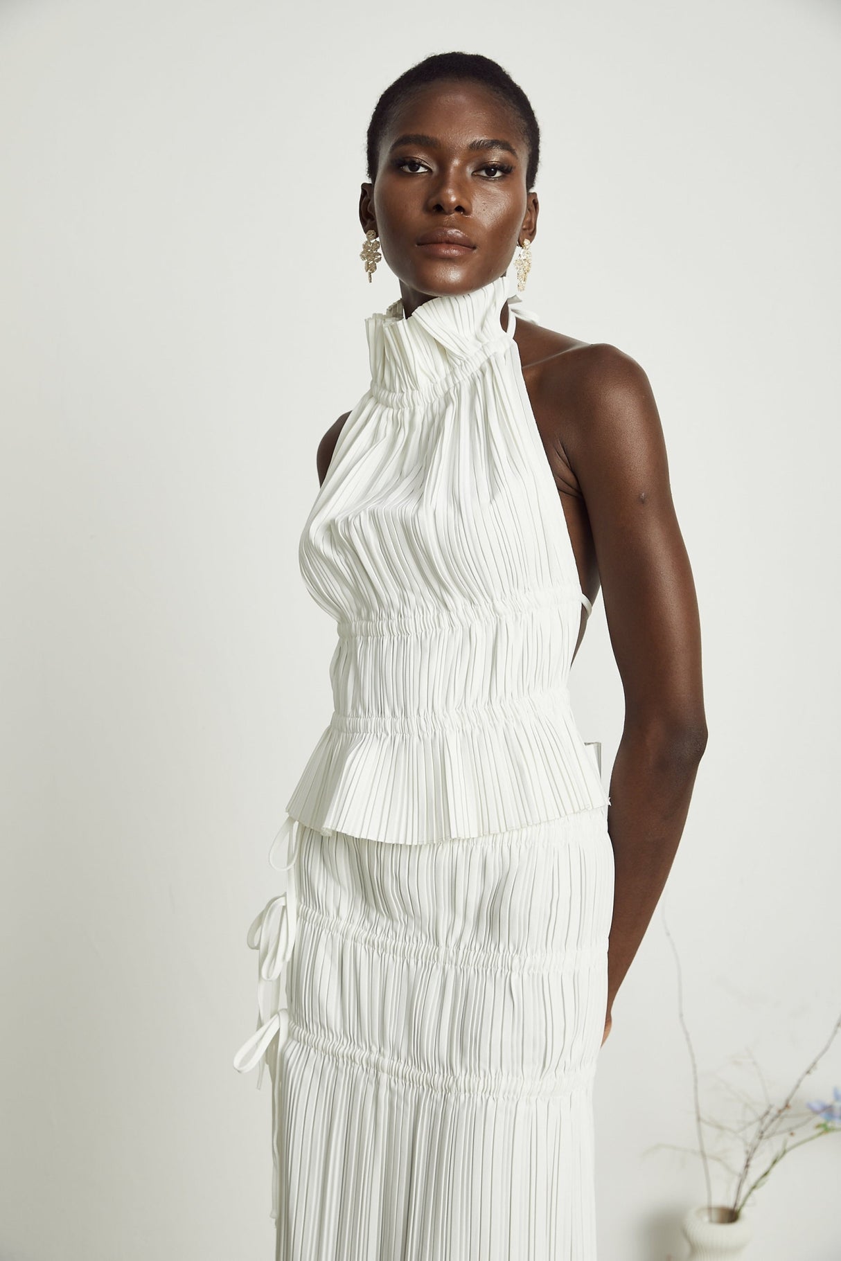 Mariuccia Skirt & Top Set White Pleated Open Back & Slit