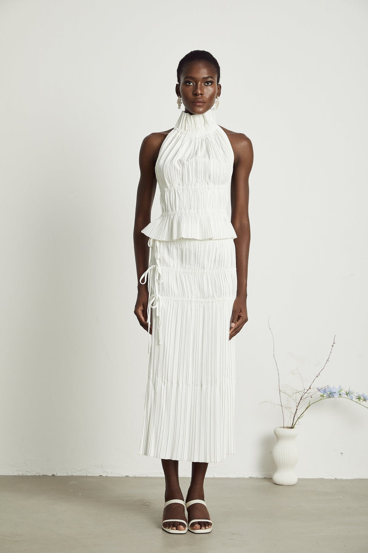 Mariuccia Skirt & Top Set White Pleated Open Back & Slit