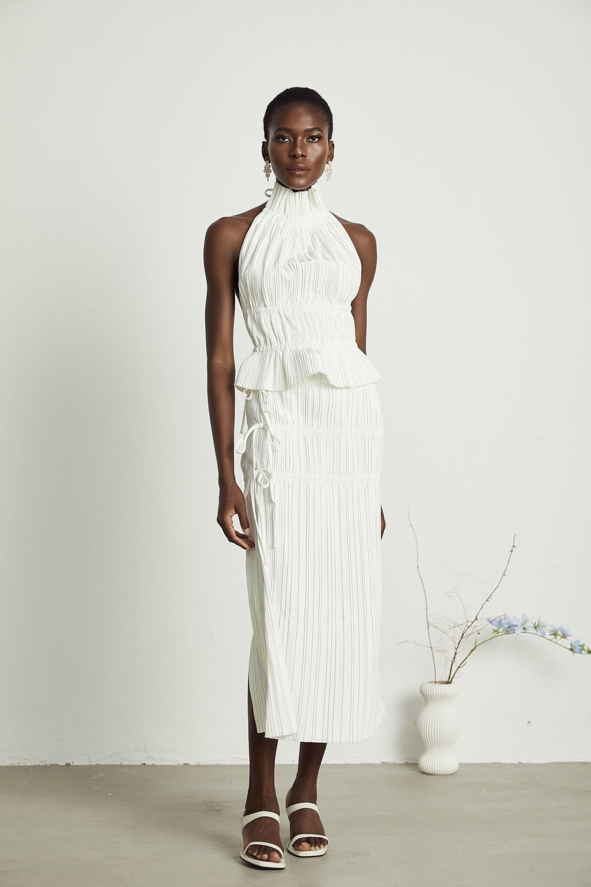 Mariuccia Skirt & Top Set White Pleated Open Back & Slit