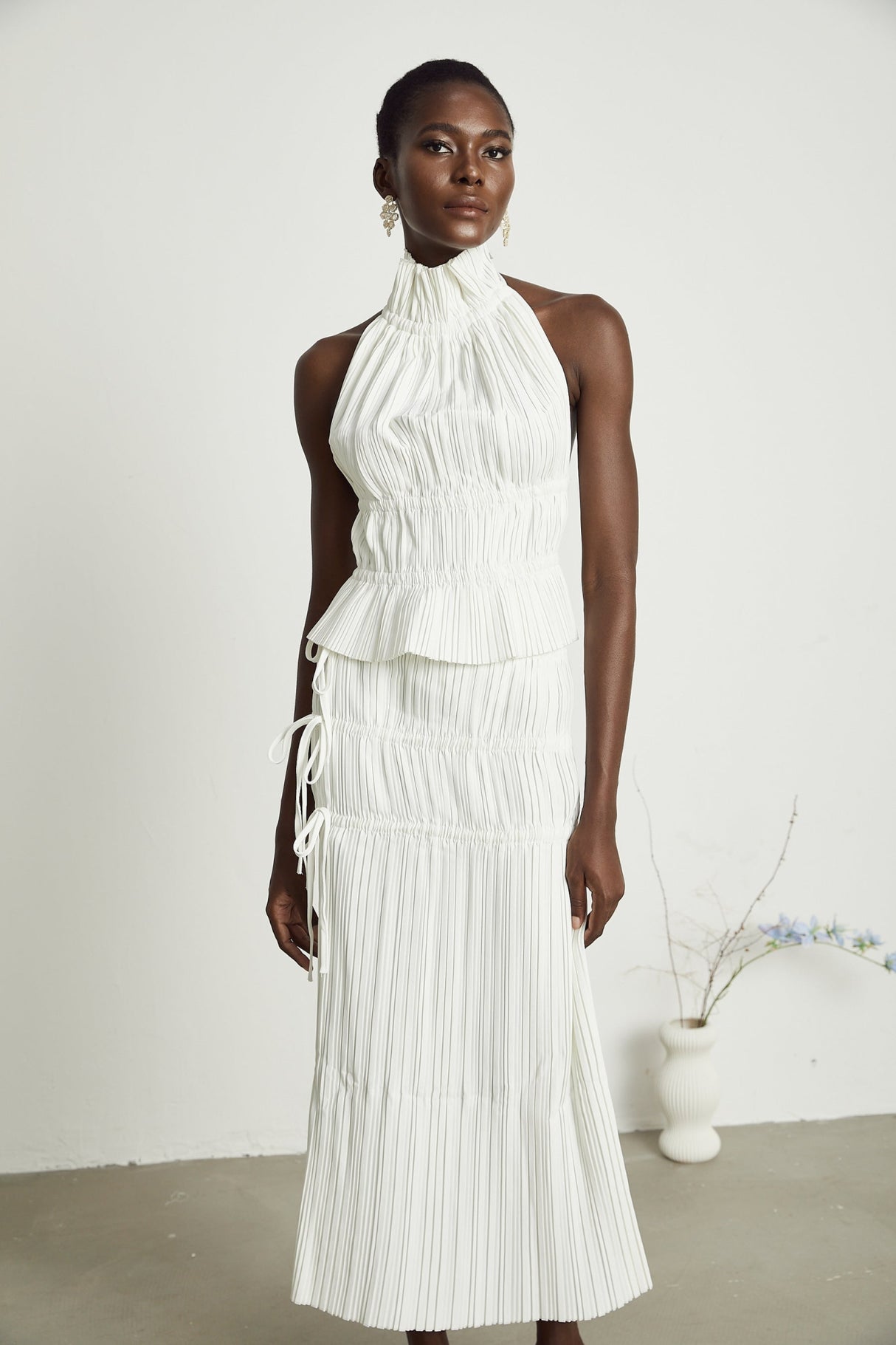 Mariuccia Skirt & Top Set White Pleated Open Back & Slit