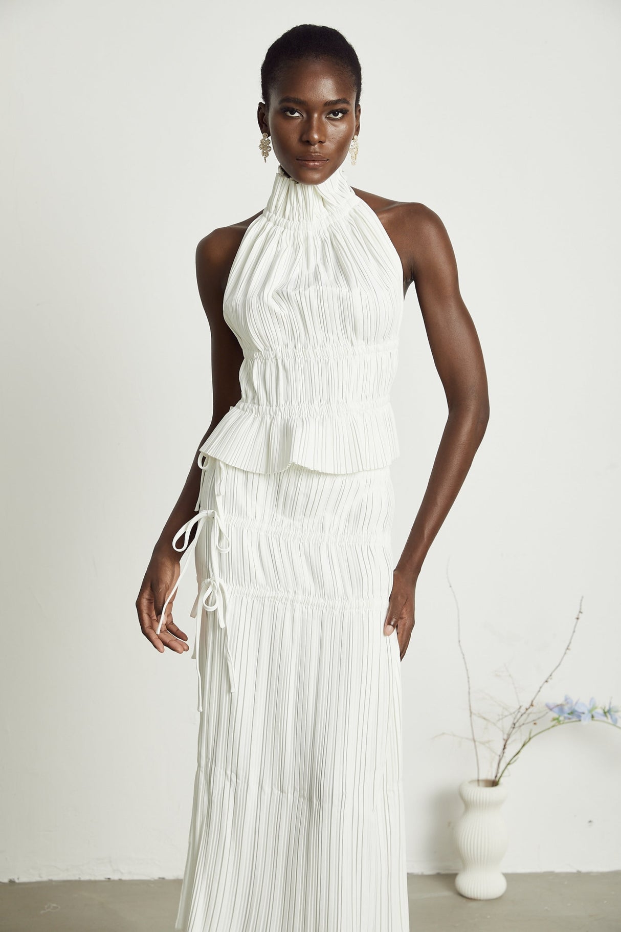 Mariuccia Skirt & Top Set White Pleated Open Back & Slit