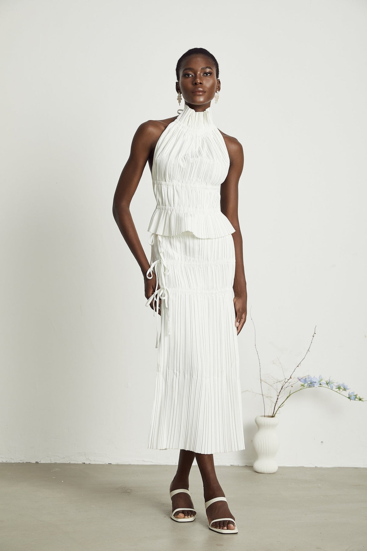 Mariuccia Skirt & Top Set White Pleated Open Back & Slit