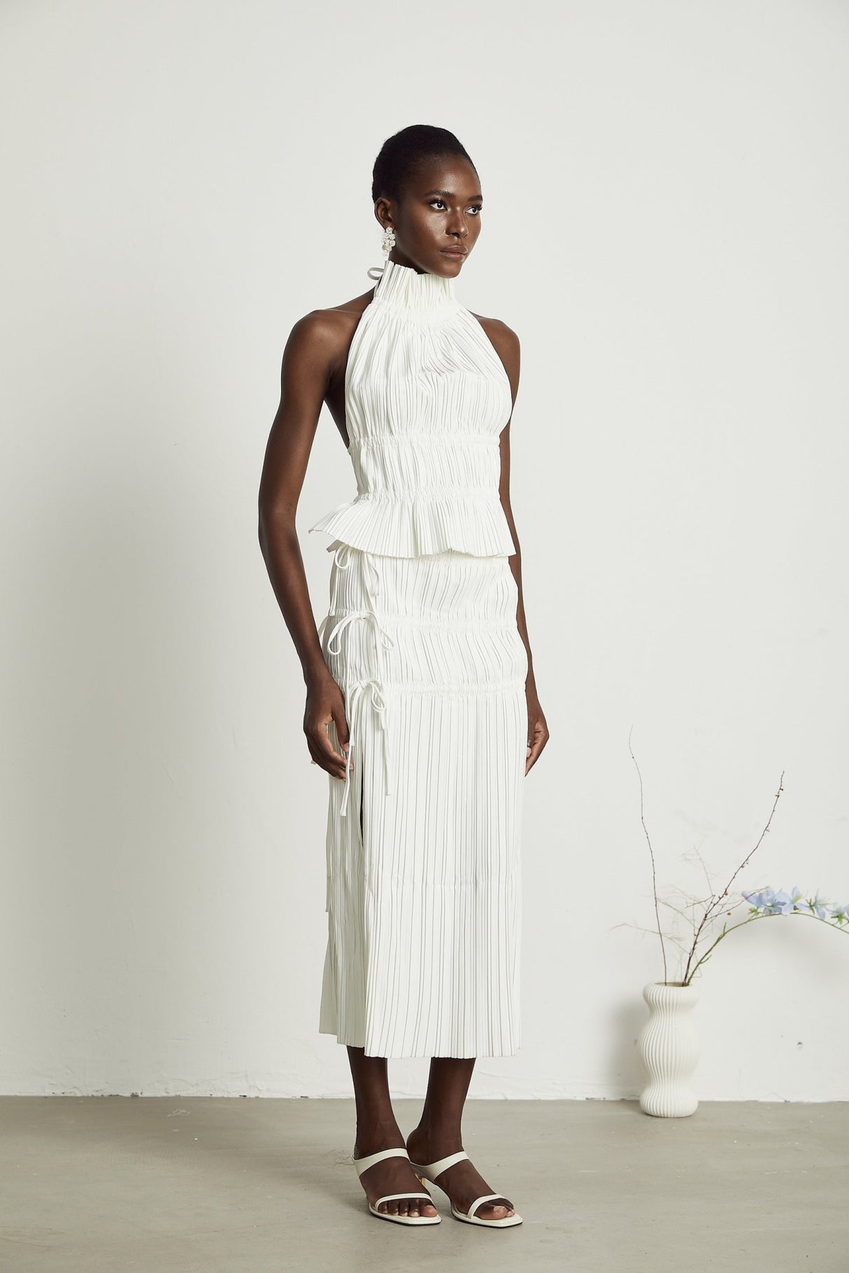 Mariuccia Skirt & Top Set White Pleated Open Back & Slit