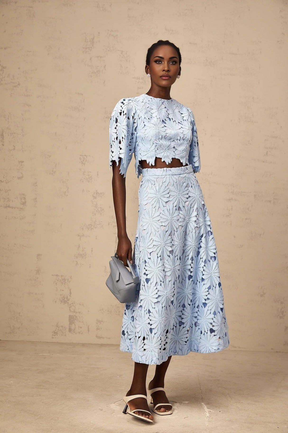 Mariuccia Top & Skirt Set Blue Guipure Lace Floral Cut - Out Scallop Trim Calf - Length