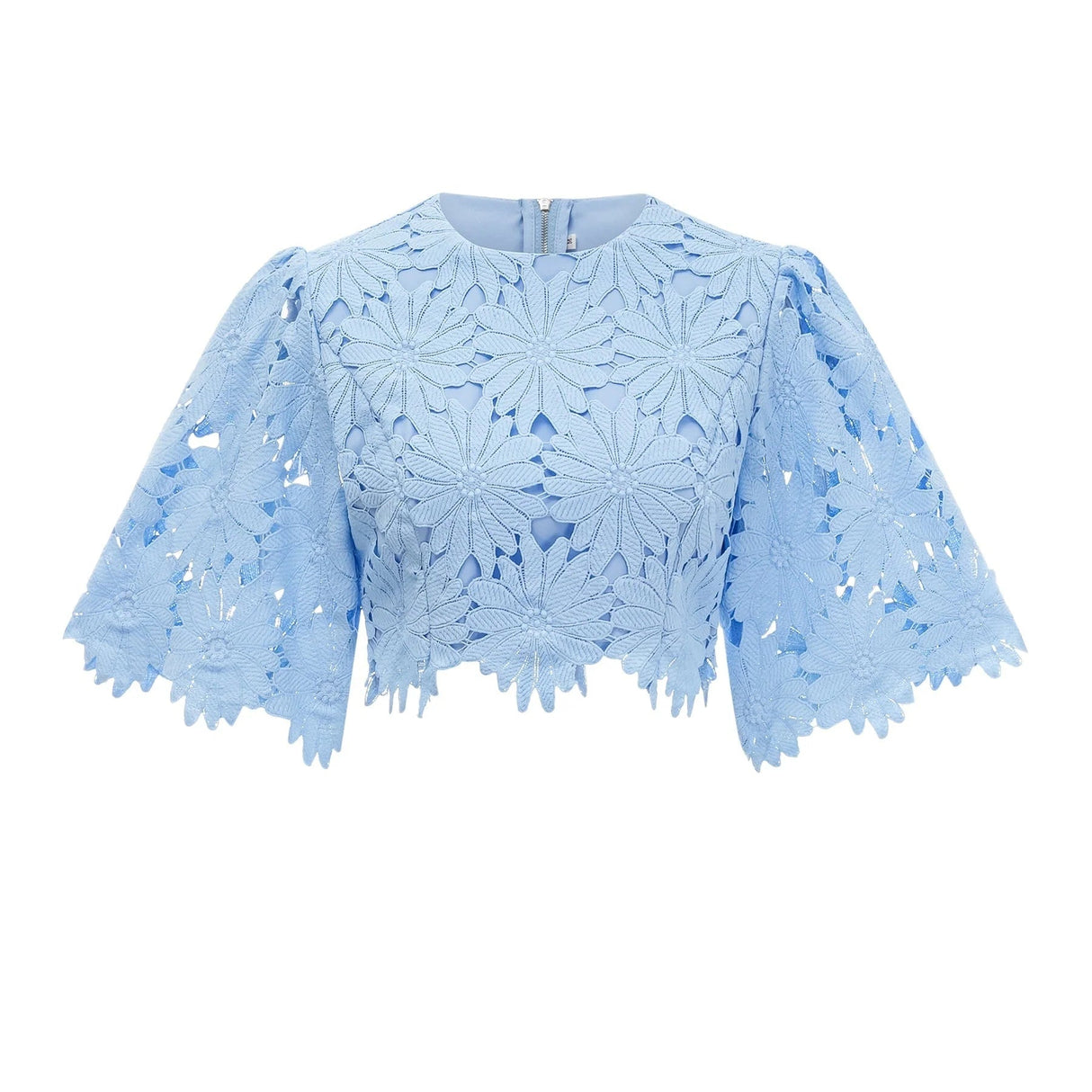 Mariuccia Top & Skirt Set Blue Guipure Lace Floral Cut - Out Scallop Trim Calf - Length
