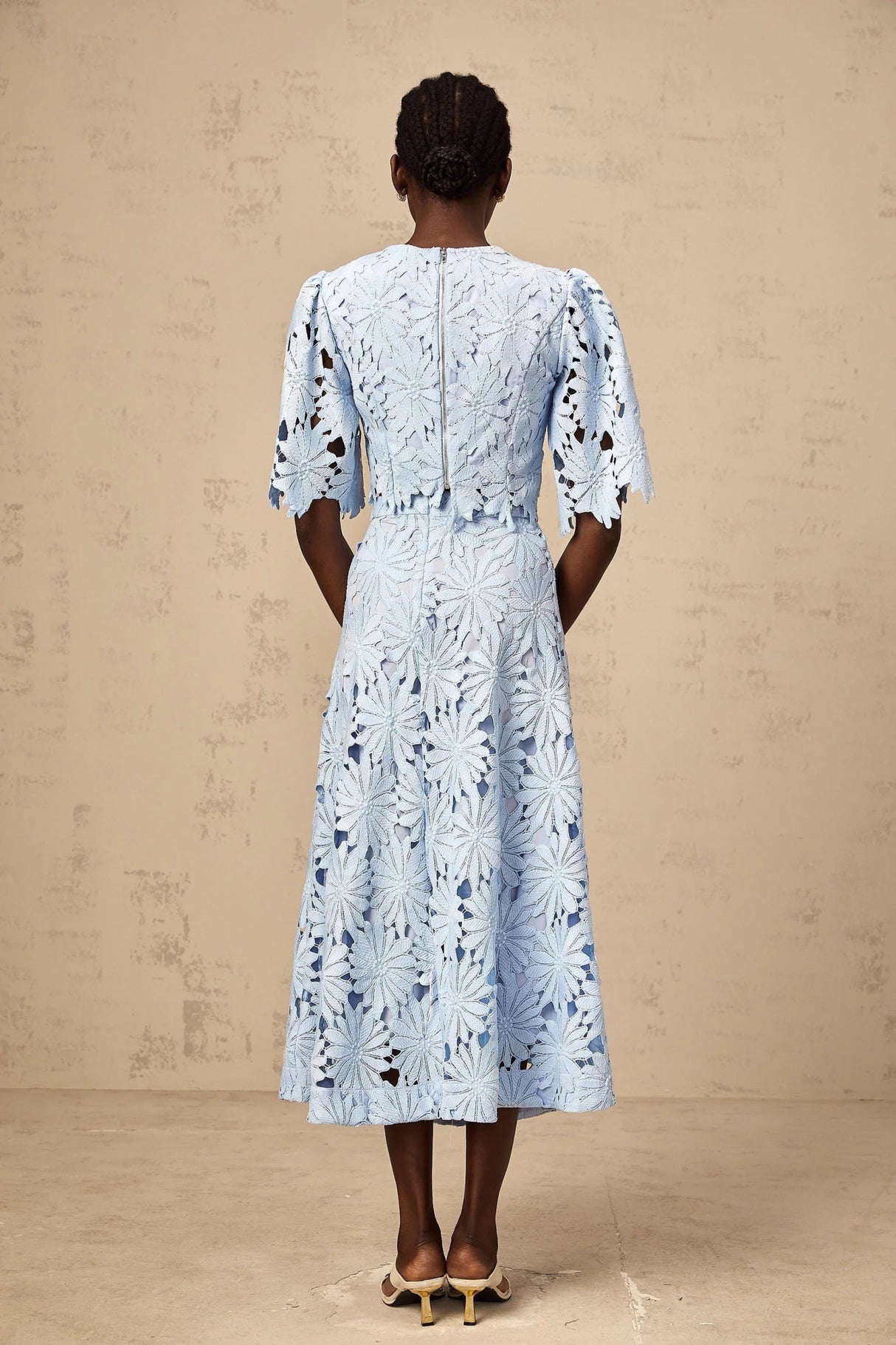 Mariuccia Top & Skirt Set Blue Guipure Lace Floral Cut - Out Scallop Trim Calf - Length