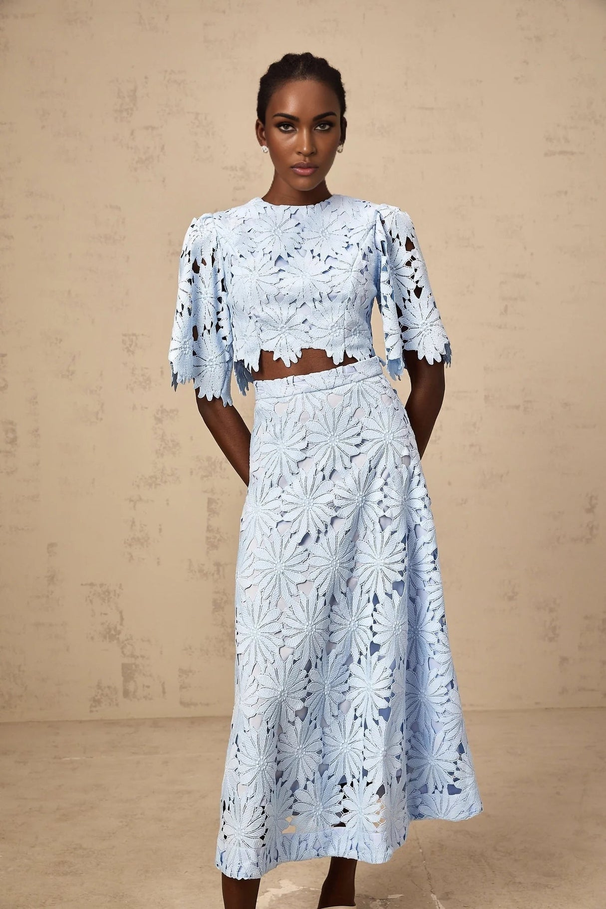 Mariuccia Top & Skirt Set Blue Guipure Lace Floral Cut - Out Scallop Trim Calf - Length