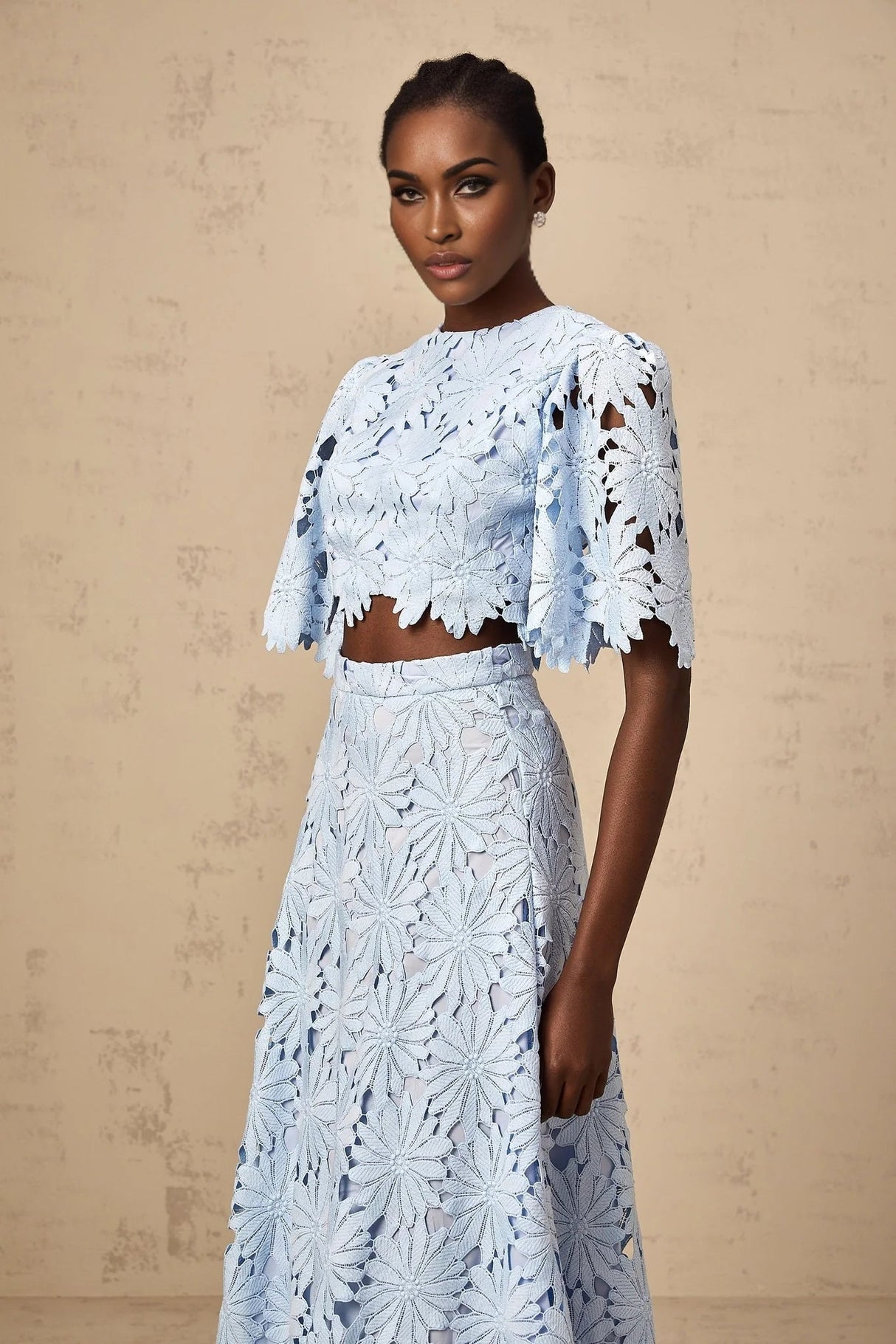 Mariuccia Top & Skirt Set Blue Guipure Lace Floral Cut - Out Scallop Trim Calf - Length