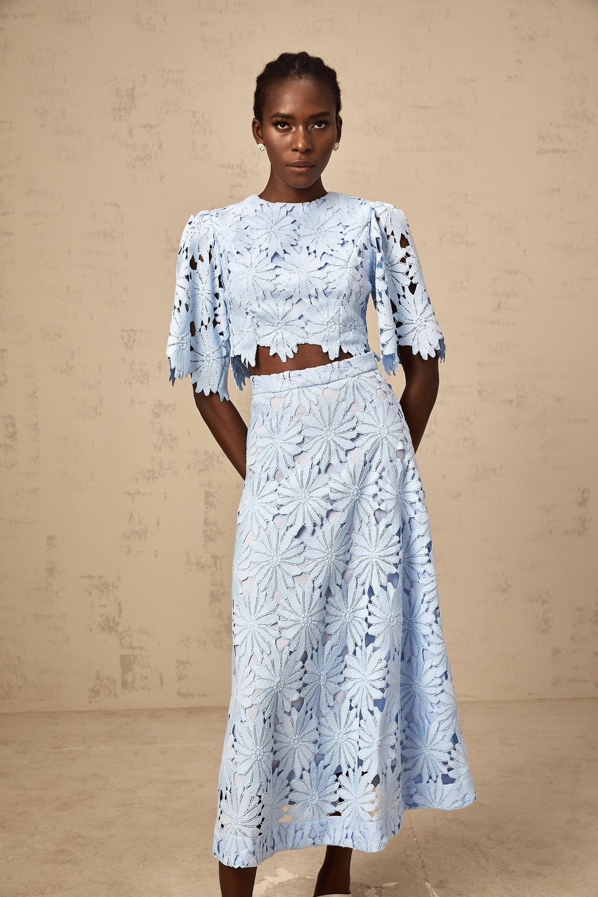 Mariuccia Top & Skirt Set Blue Guipure Lace Floral Cut - Out Scallop Trim Calf - Length