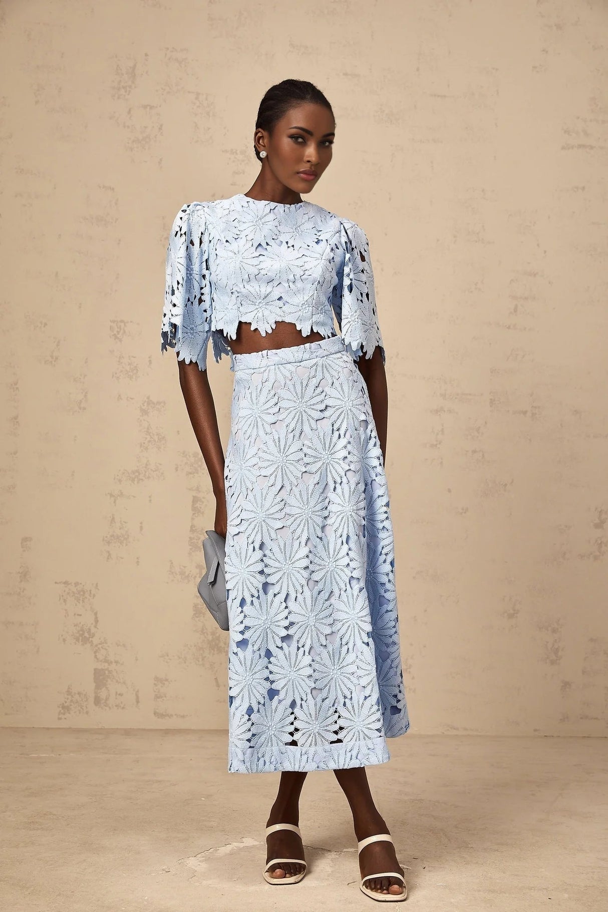 Mariuccia Top & Skirt Set Blue Guipure Lace Floral Cut - Out Scallop Trim Calf - Length