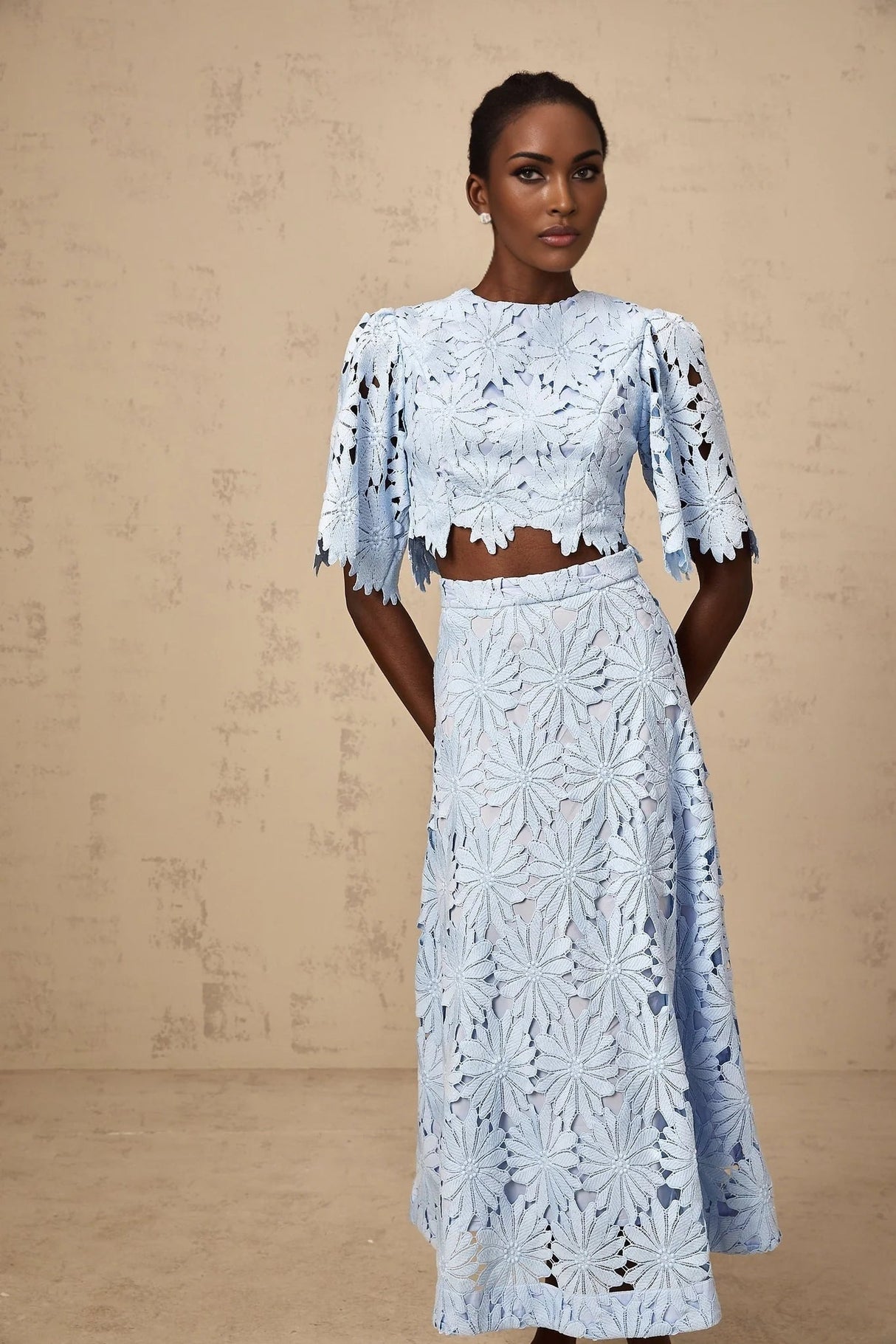 Mariuccia Top & Skirt Set Blue Guipure Lace Floral Cut - Out Scallop Trim Calf - Length