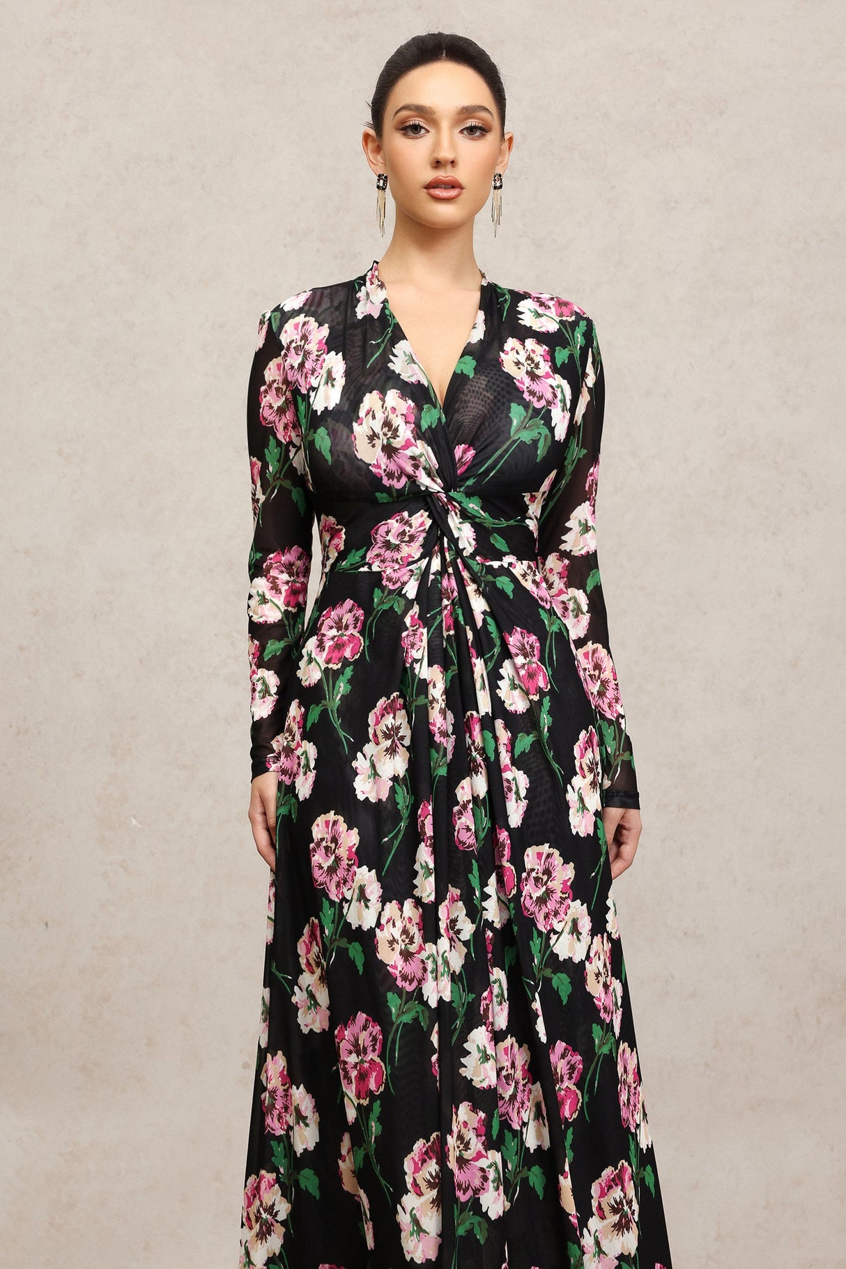 Marley Black Floral Maxi Dress with Long Sleeves and Deep Neckline