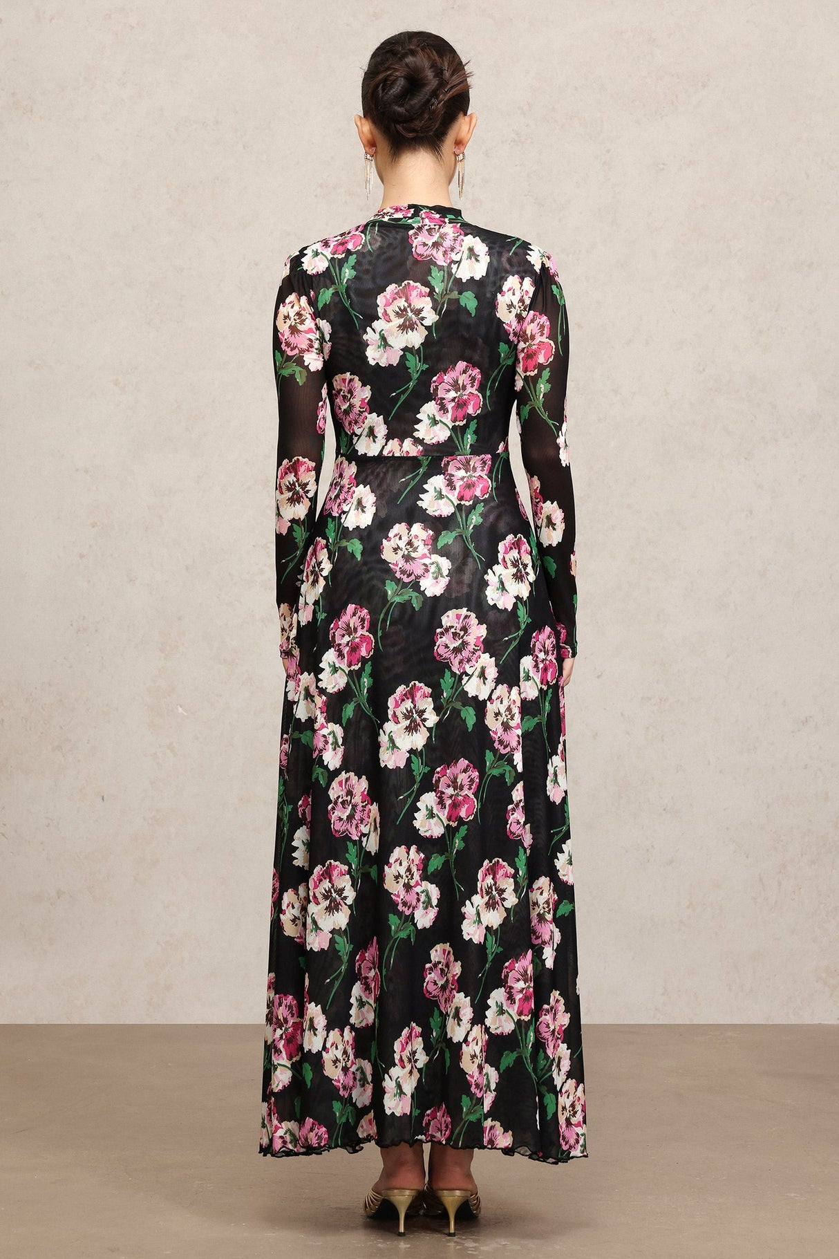 Marley Black Floral Maxi Dress Long Sleeve Deep Neckline Lightweight Fabric Slit Detailing