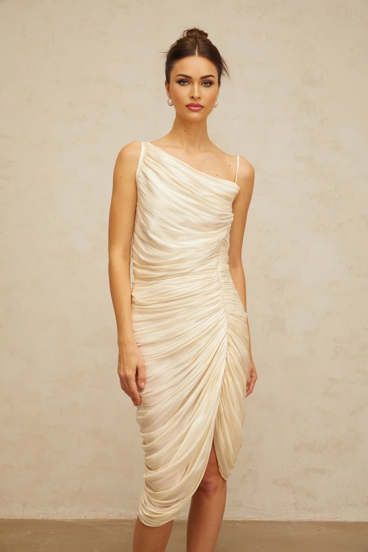 Marley Midi Dress Glossy Ruched Light - Yellow