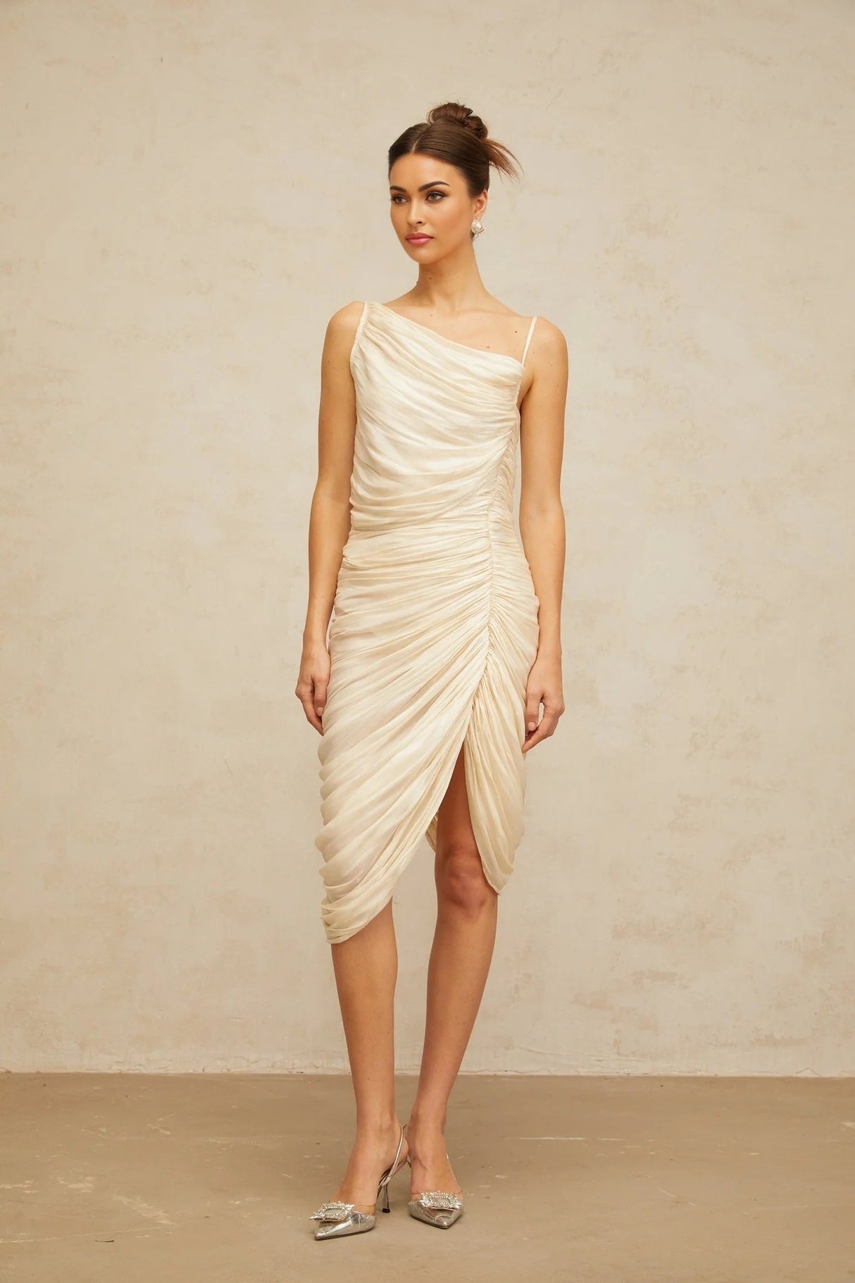 Marley Midi Dress Glossy Ruched Light - Yellow