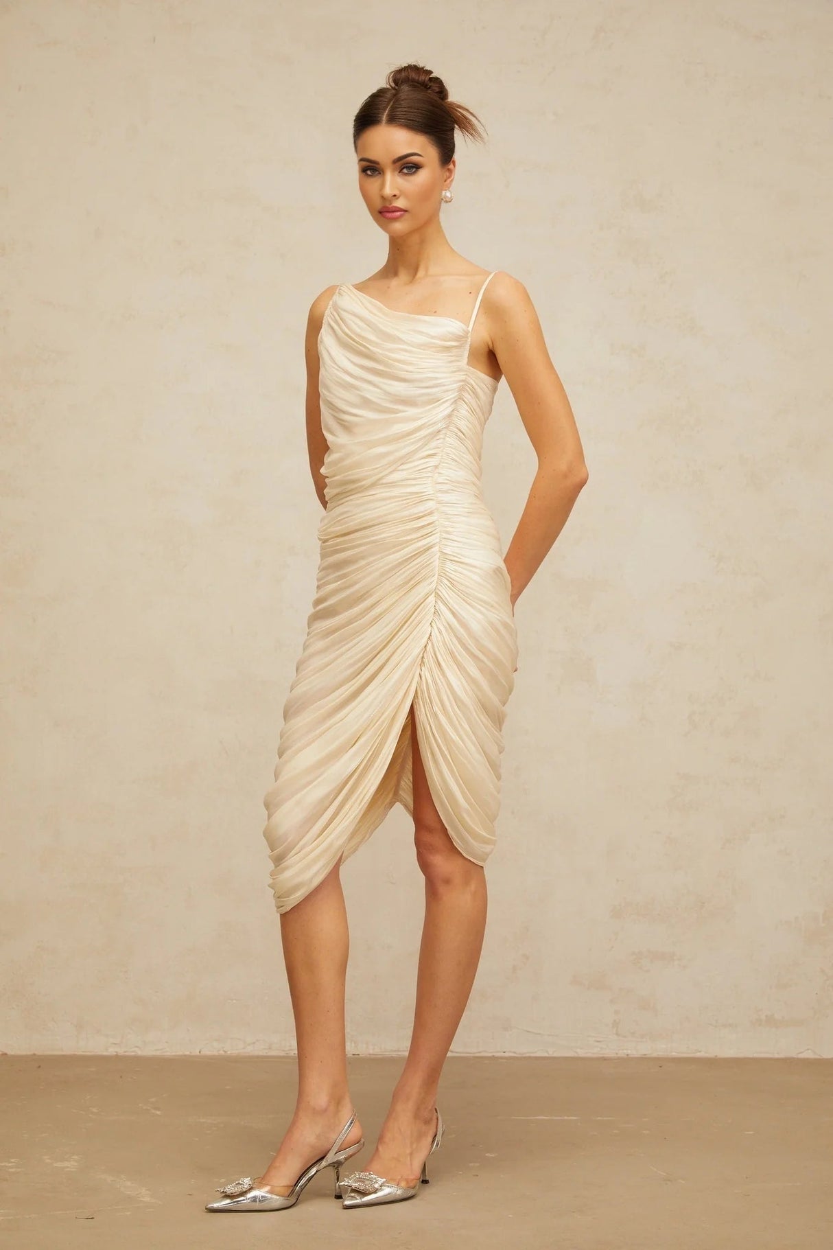 Marley Midi Dress Glossy Ruched Light - Yellow