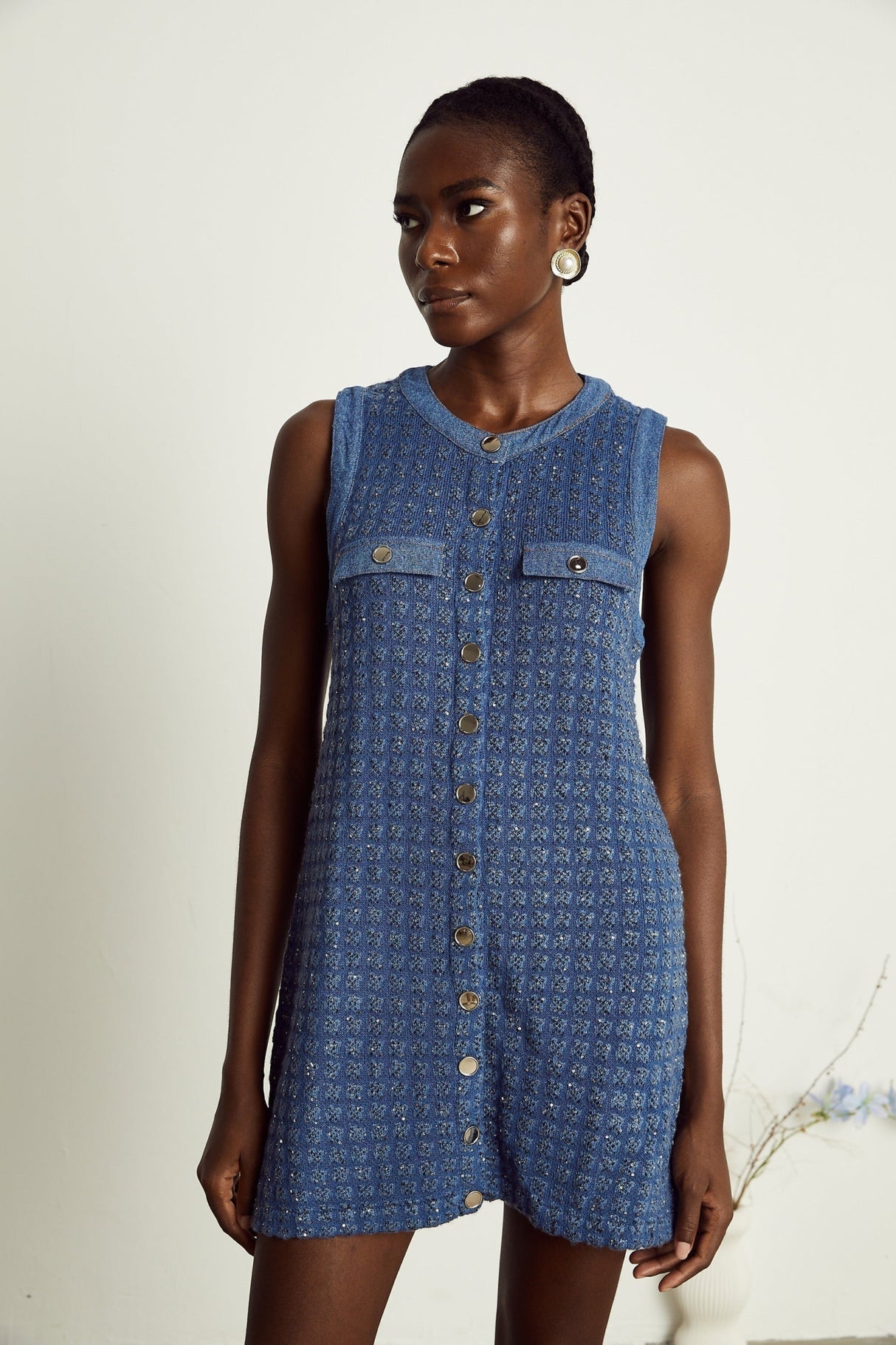 Marley Sequin Mini Dress Blue Sleeveless Glam Trendy Straight Silhouette