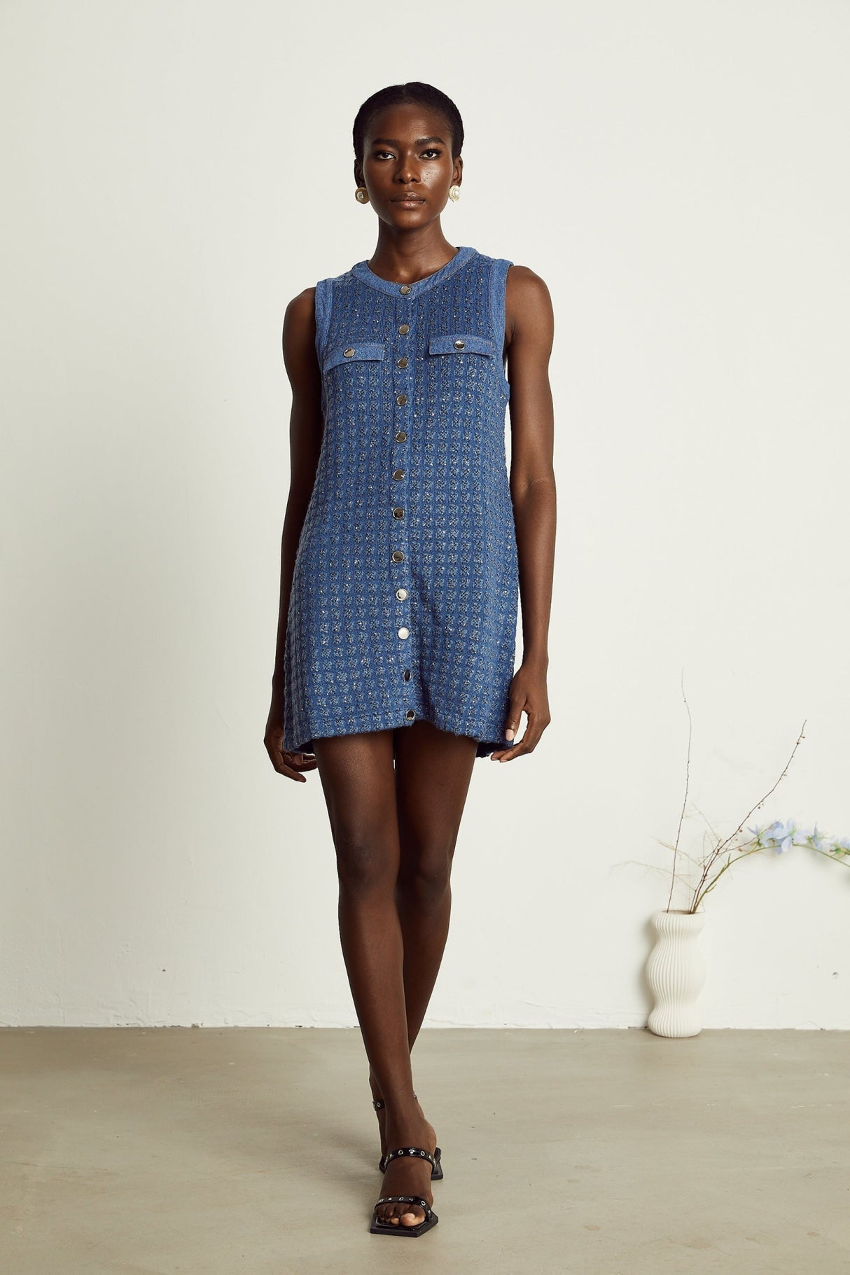 Marley Sequin Mini Dress Blue Sleeveless Glam Trendy Straight Silhouette