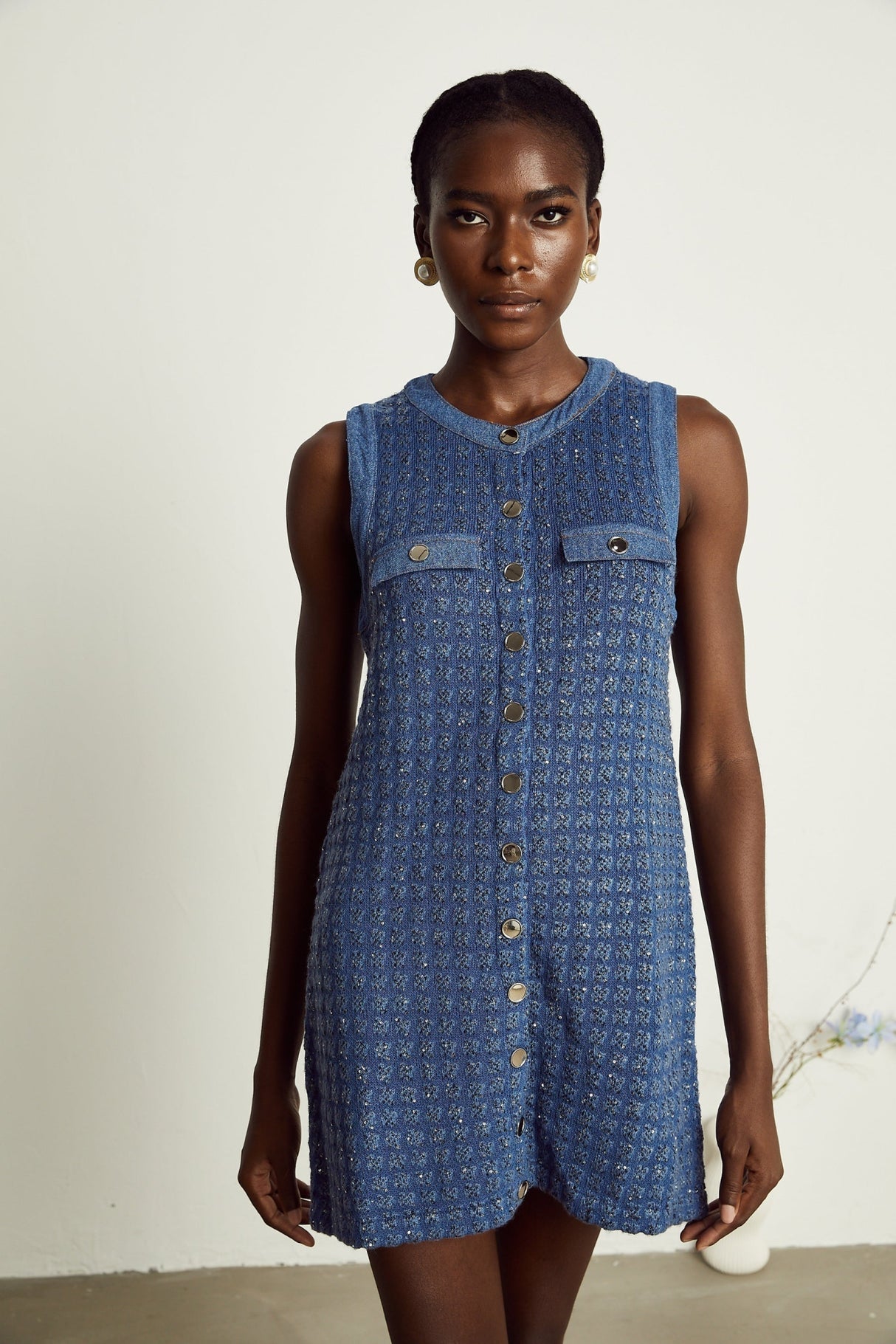 Marley Sequin Mini Dress Blue Sleeveless Glam Trendy Straight Silhouette