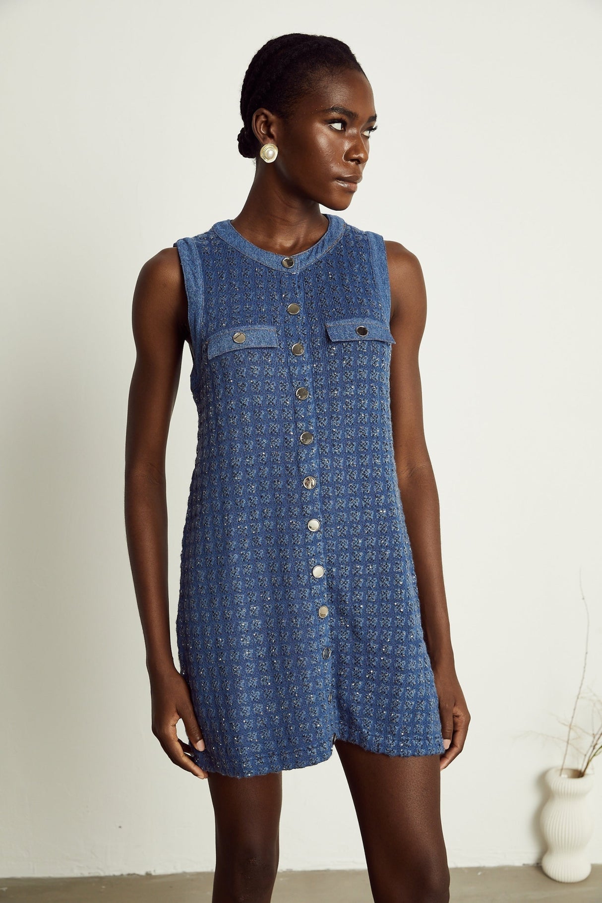 Marley Sequin Mini Dress Blue Sleeveless Glam Trendy Straight Silhouette