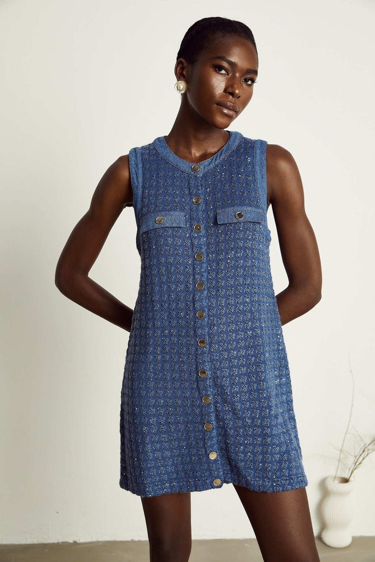 Marley Sequin Mini Dress Blue Sleeveless Glam Trendy Straight Silhouette