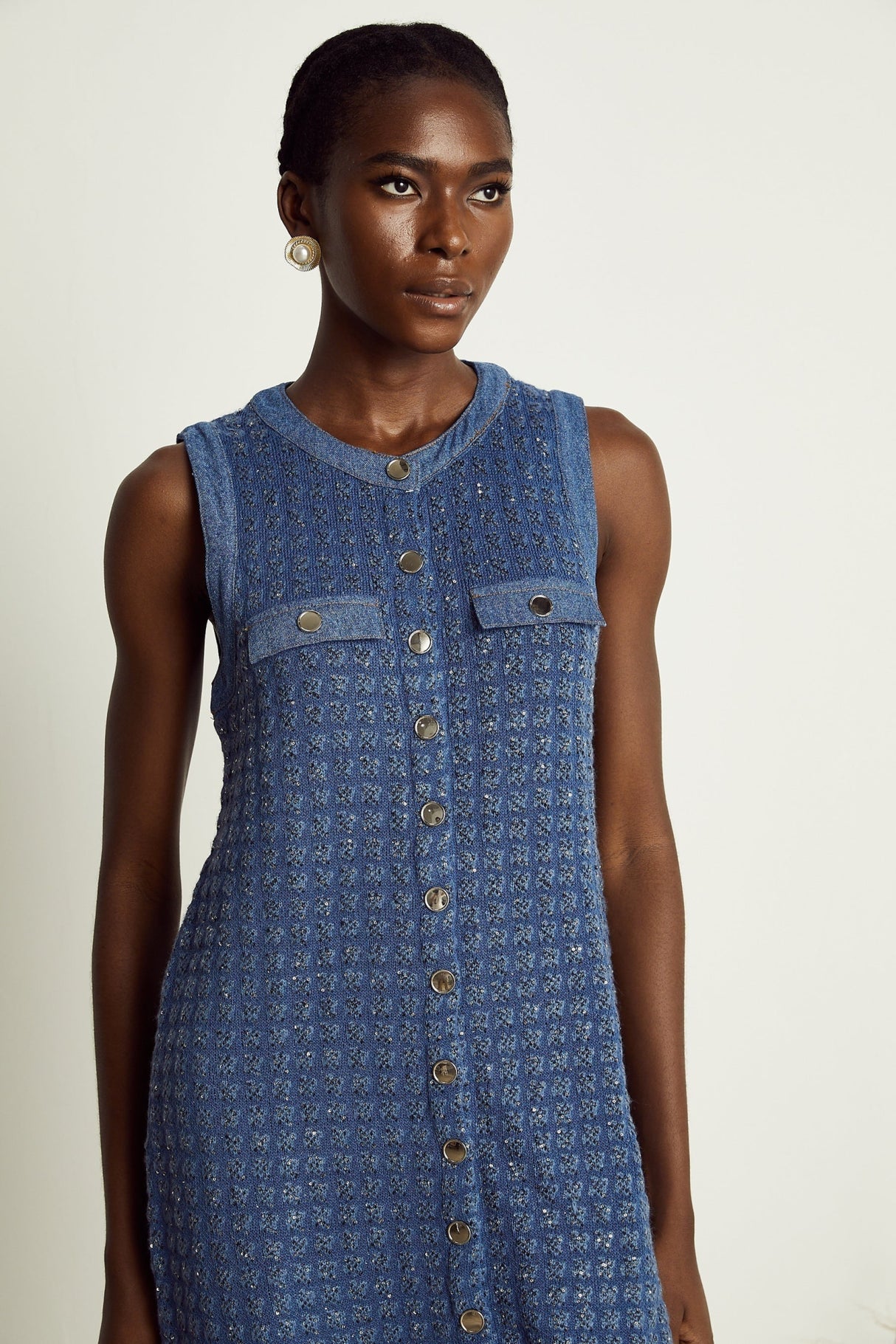 Marley Sequin Mini Dress - Round Neck - Sleeveless Design - Sequin Detailing - Faux Pocket Detail