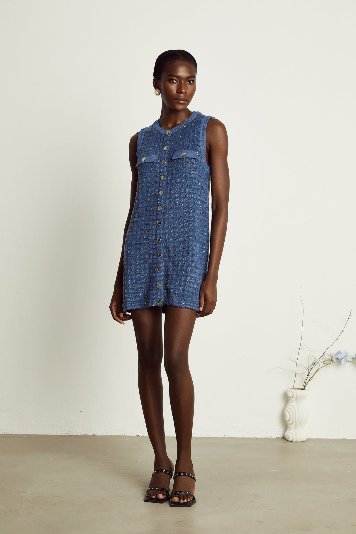 Marley Sequin Mini Dress - Round Neck - Sleeveless Design - Sequin Detailing - Faux Pocket Detail