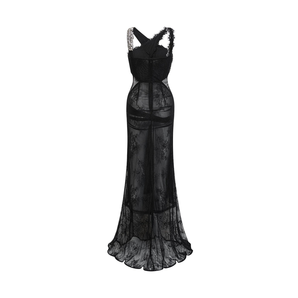 Marta Maxi Dress in Black - Asymmetrical Crossover Style with Lace Overlay & Crystal Embellishments