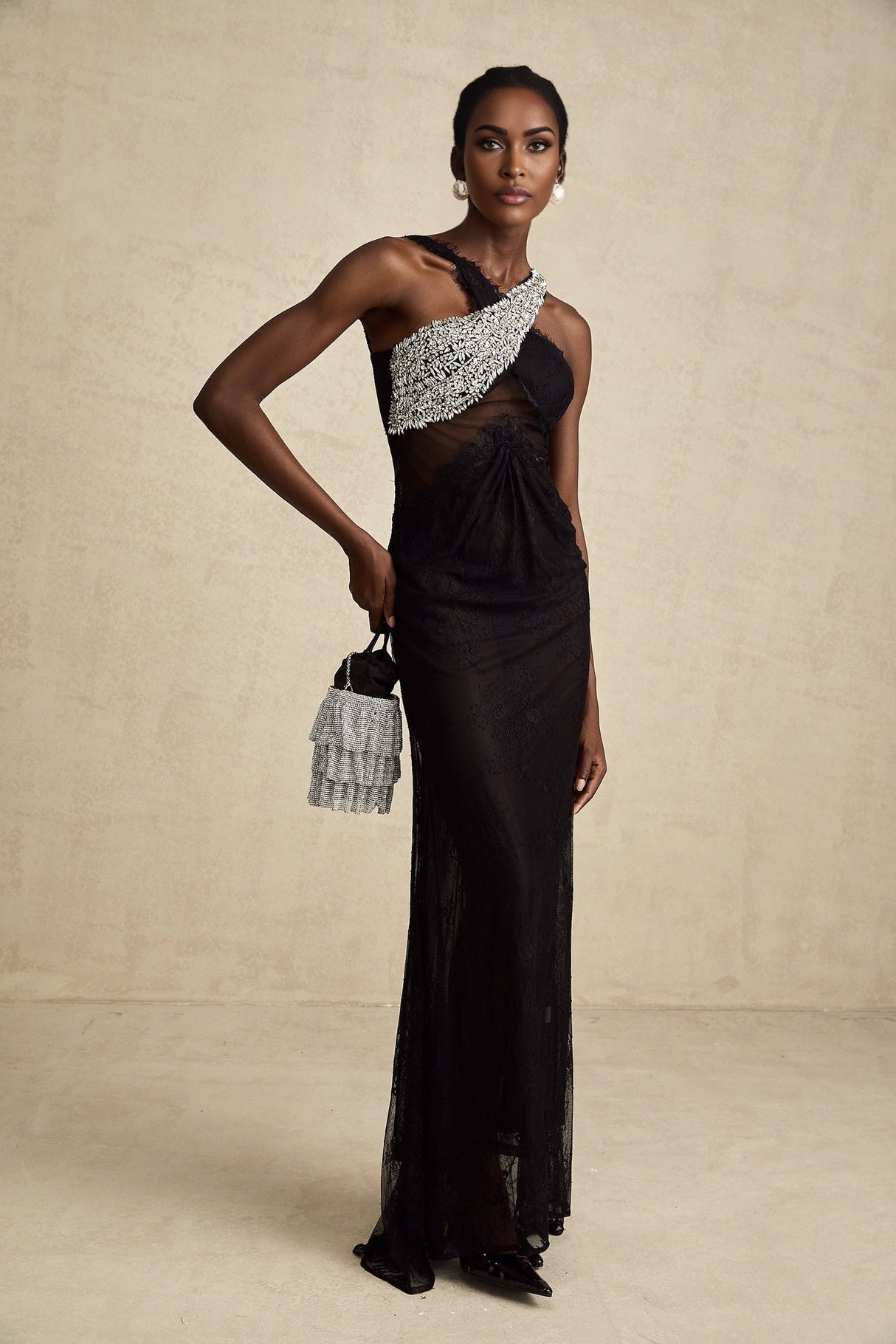 Marta Maxi Dress in Black - Asymmetrical Crossover Style with Lace Overlay & Crystal Embellishments