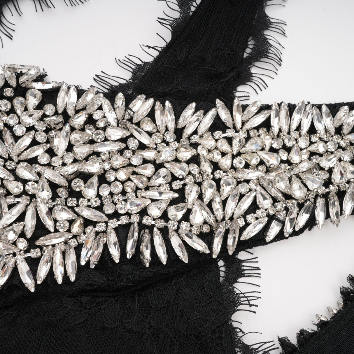 Marta Maxi Dress in Black - Asymmetrical Crossover Style with Lace Overlay & Crystal Embellishments