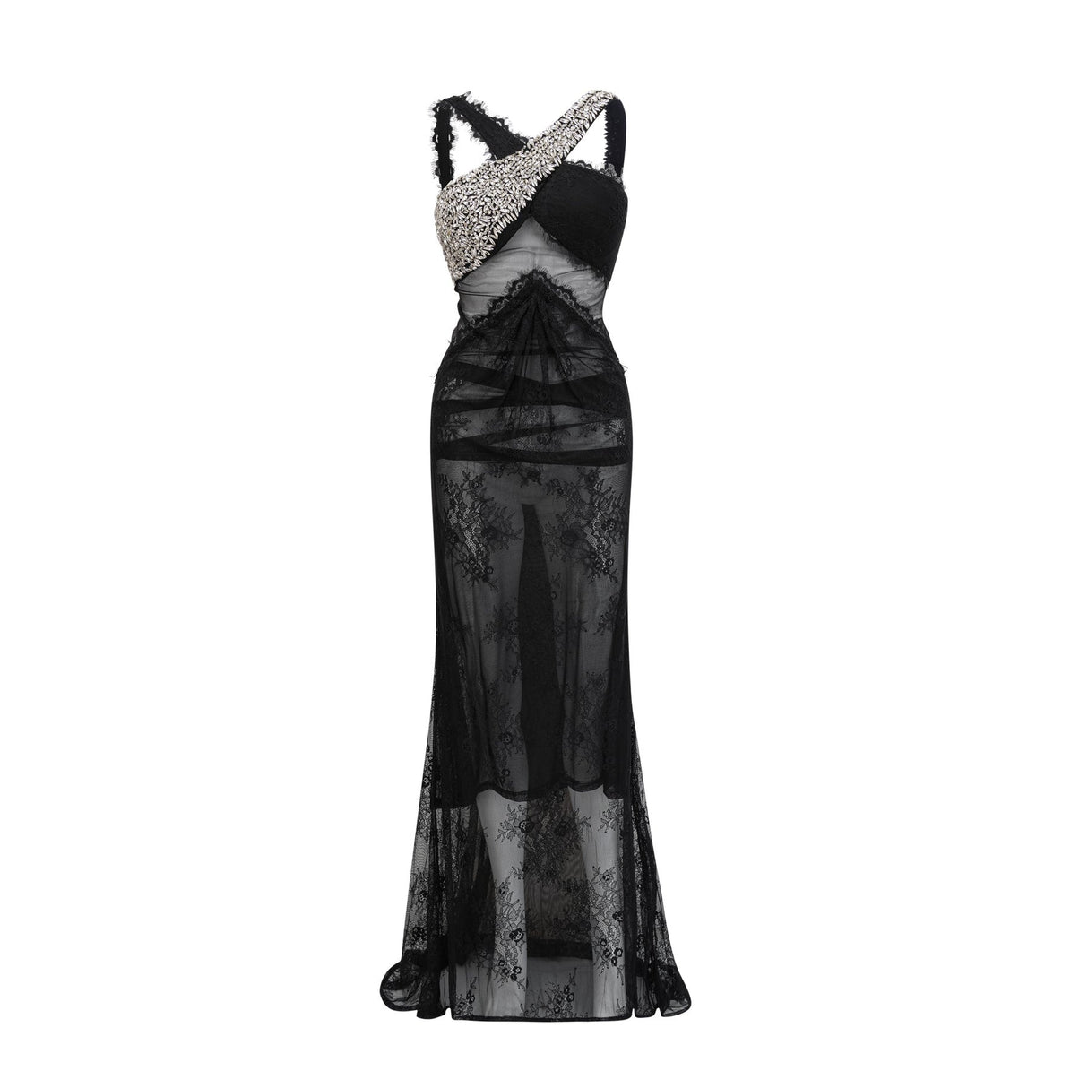 Marta Maxi Dress in Black - Asymmetrical Crossover Style with Lace Overlay & Crystal Embellishments