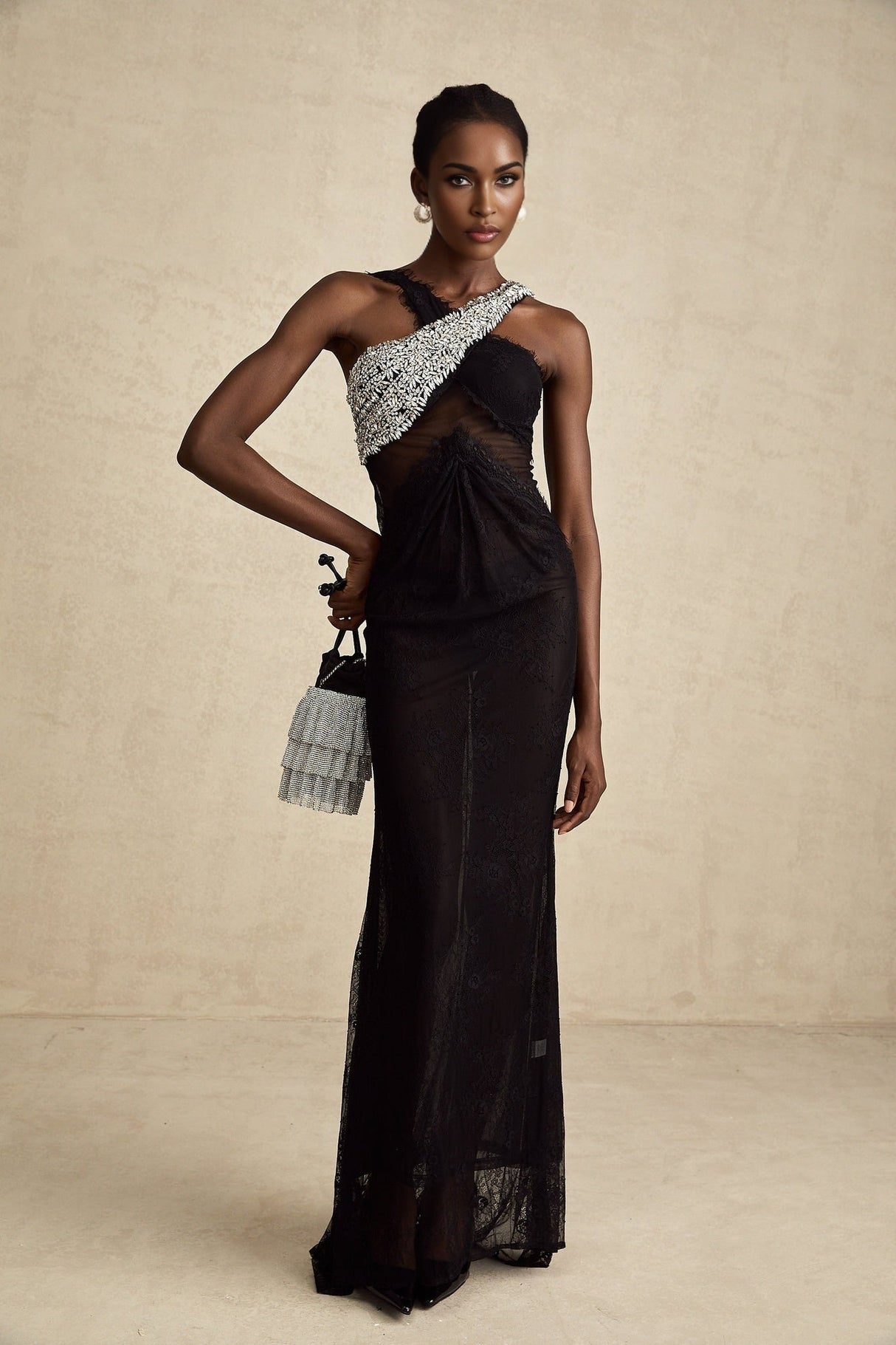 Marta Maxi Dress in Black - Asymmetrical Crossover Style with Lace Overlay & Crystal Embellishments