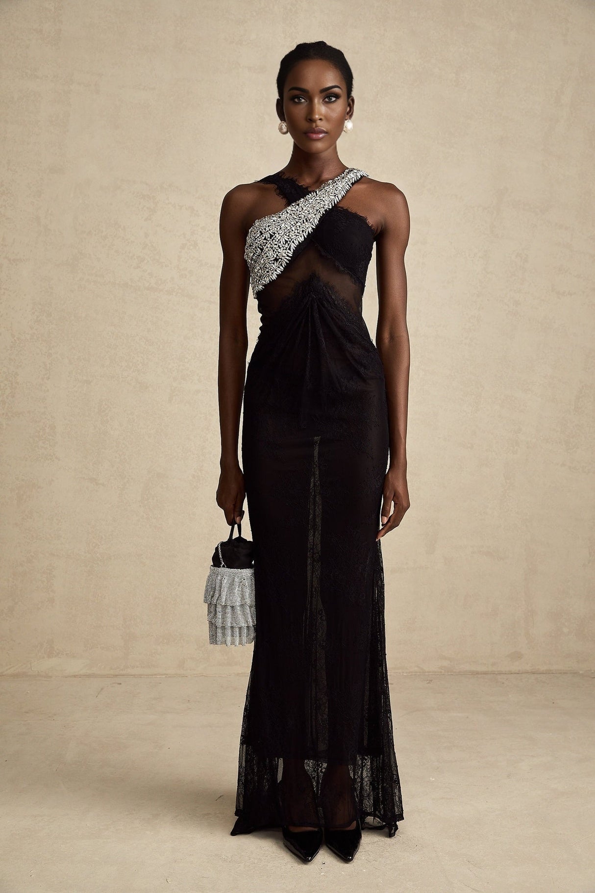 Marta Maxi Dress in Black - Asymmetrical Crossover Style with Lace Overlay & Crystal Embellishments