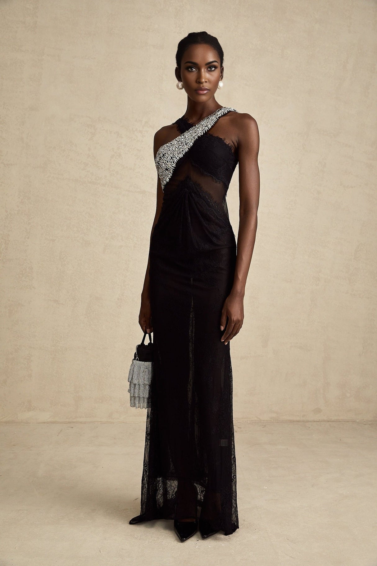 Marta Maxi Dress in Black - Asymmetrical Crossover Style with Lace Overlay & Crystal Embellishments